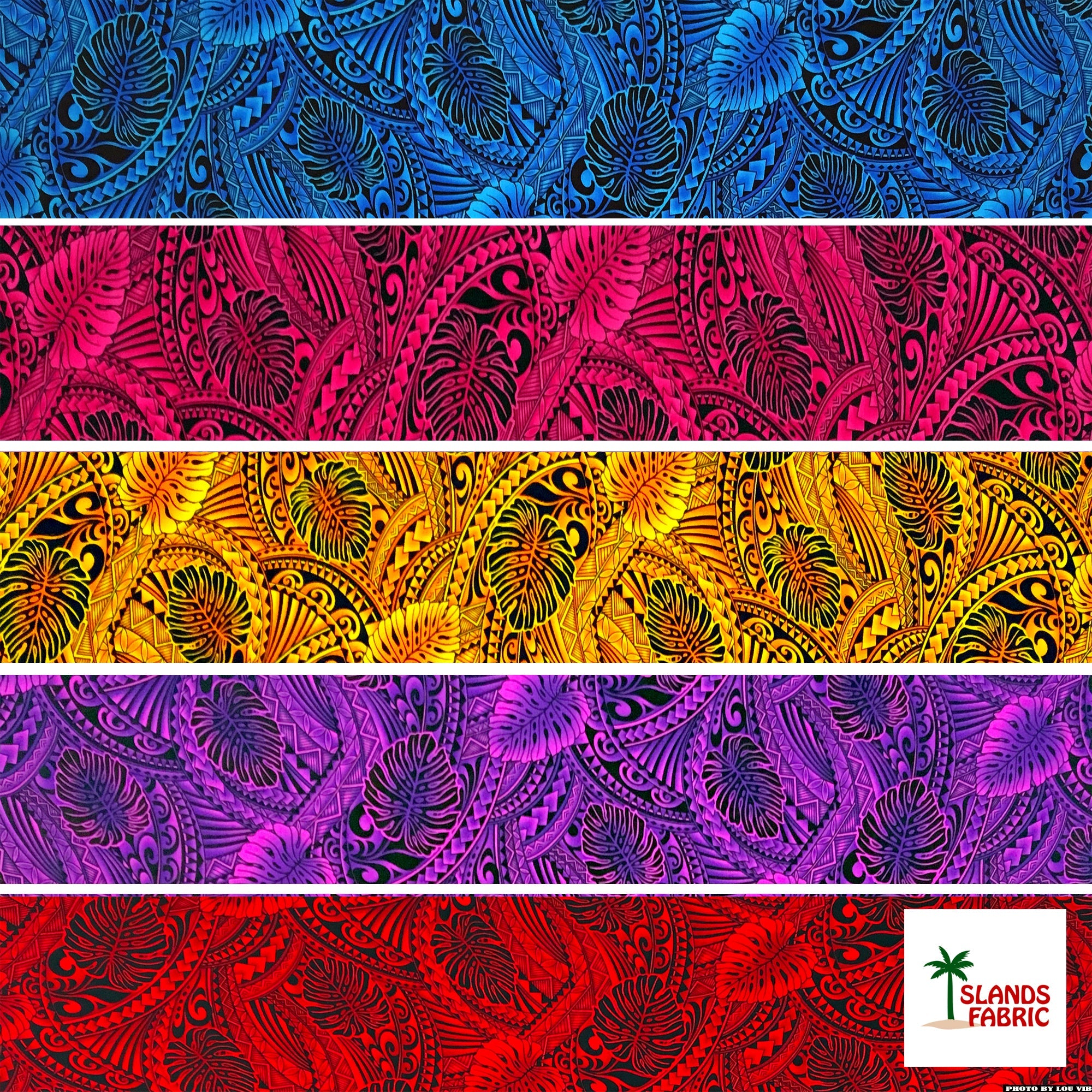 Traditional Tattoo Monstera Leaves Rayon Fabric | Islands Fabric