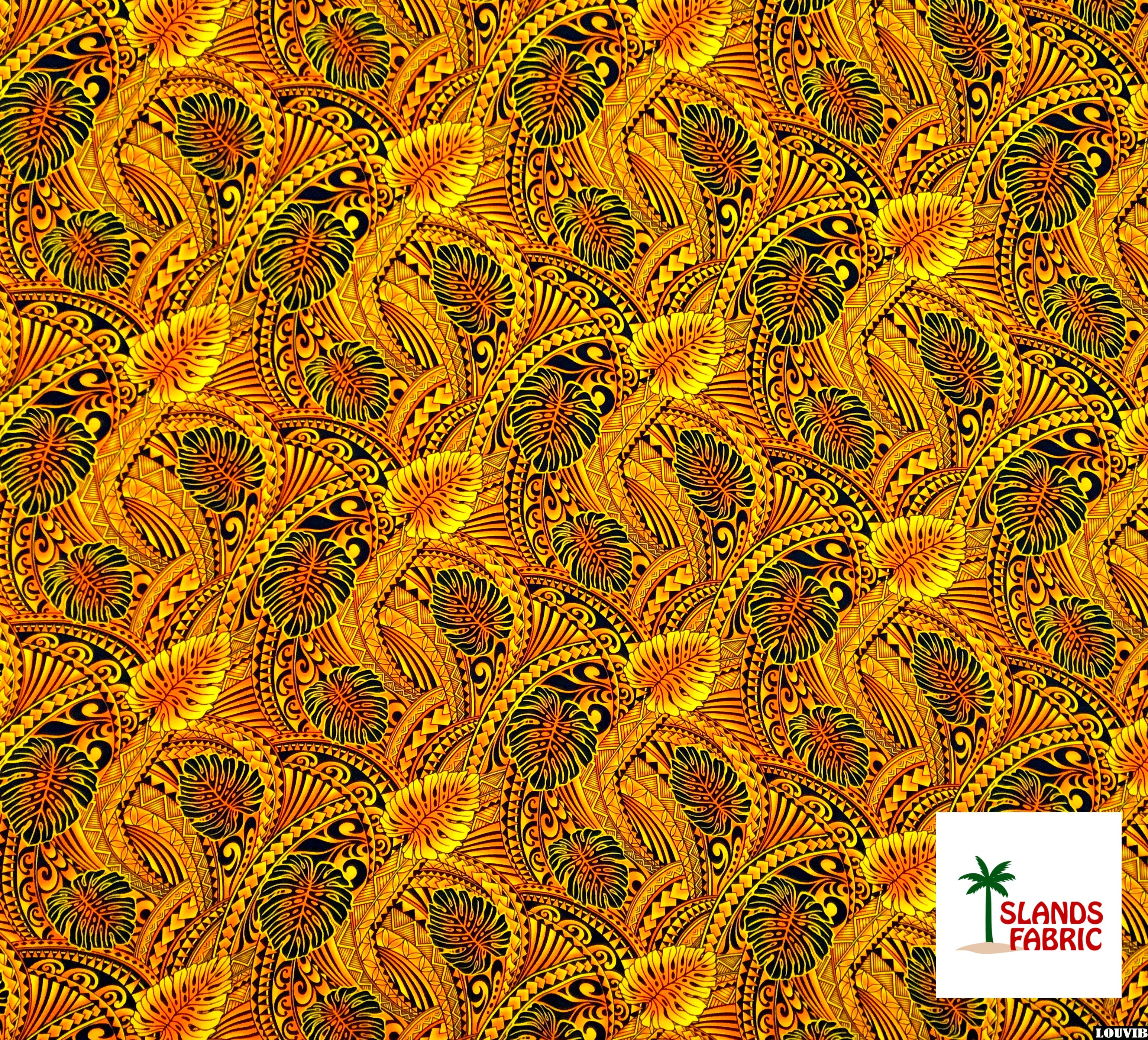 Traditional Tattoo Monstera Leaves Rayon Fabric | Islands Fabric