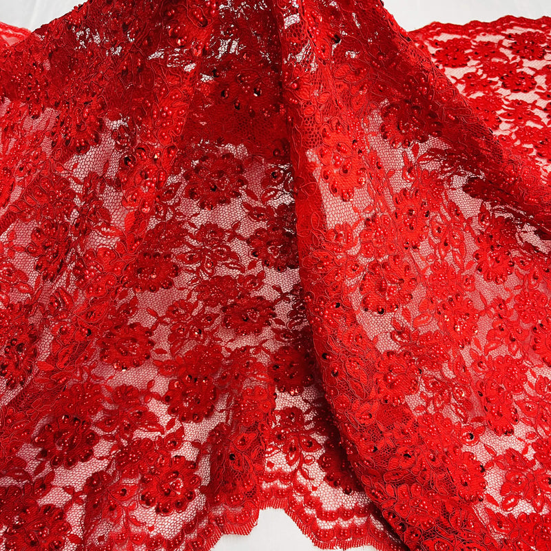 Beaded & Corded Lace Fabric Embroidered on 100% Polyester Net Mesh | Lace USA - 96028W-BP