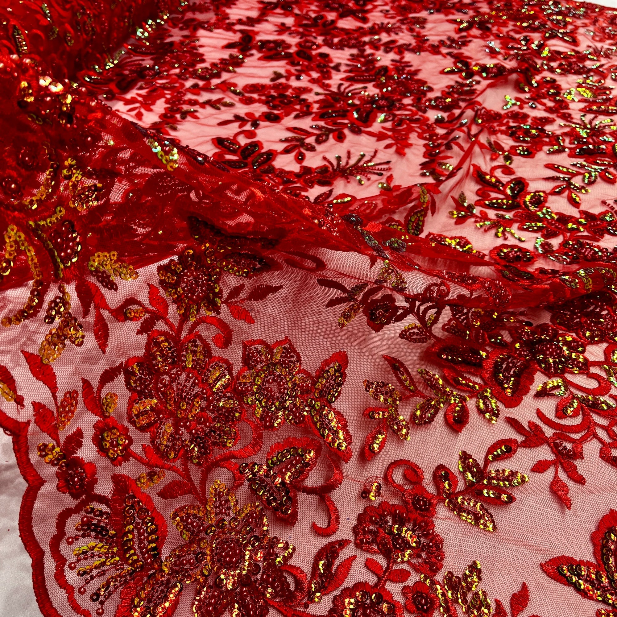 Beaded & Sequined Sparkling  Floral Lace Fabric – Scalloped Edges | Lace USA - GD-2218