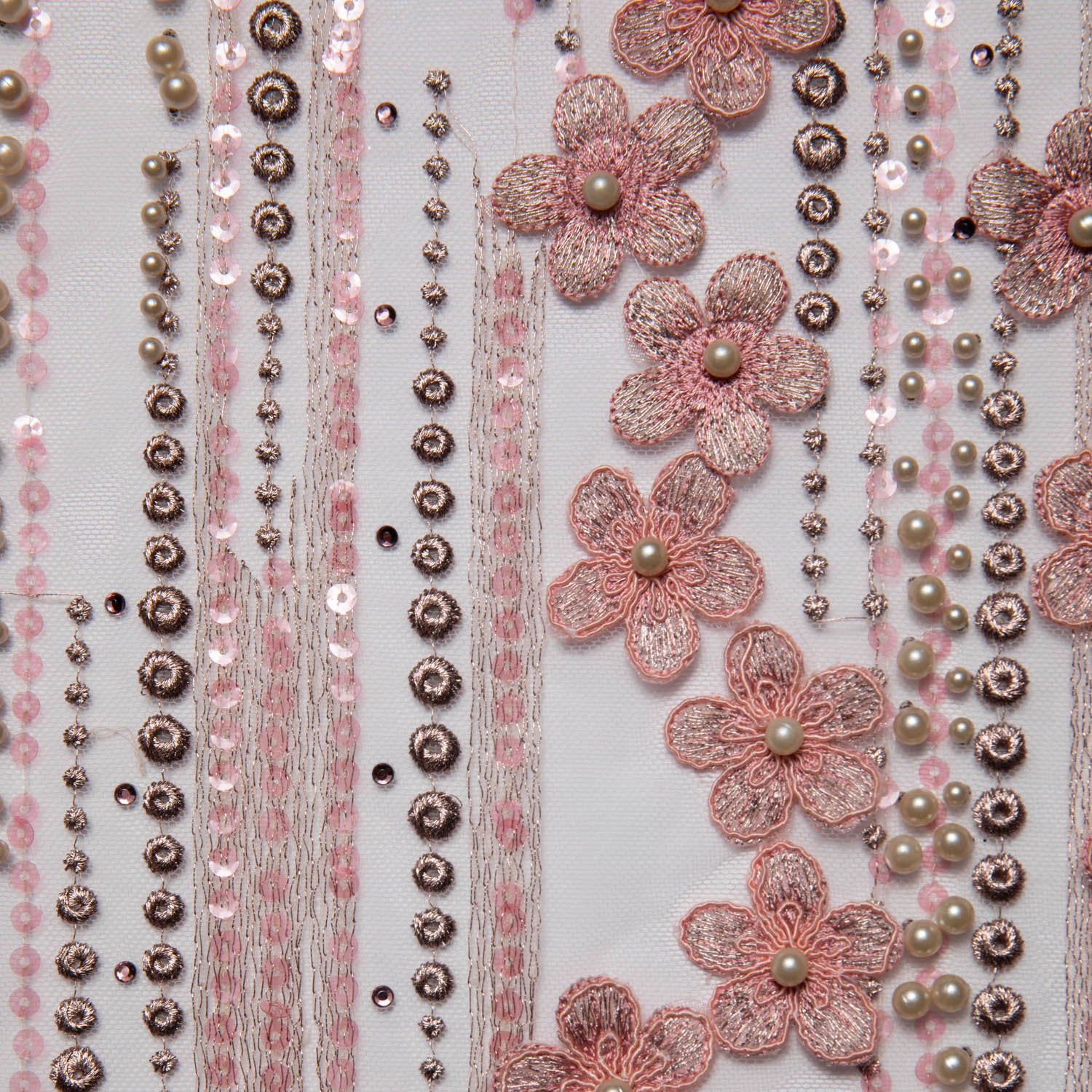 ROSE P/SOFT TULLE LACE FABRIC WITH SEQUINS AND APPLIQUE AND BEAUTIFUL 3D FLORAL DESIGN 52/54" WIDE | Exquisite Fabric
