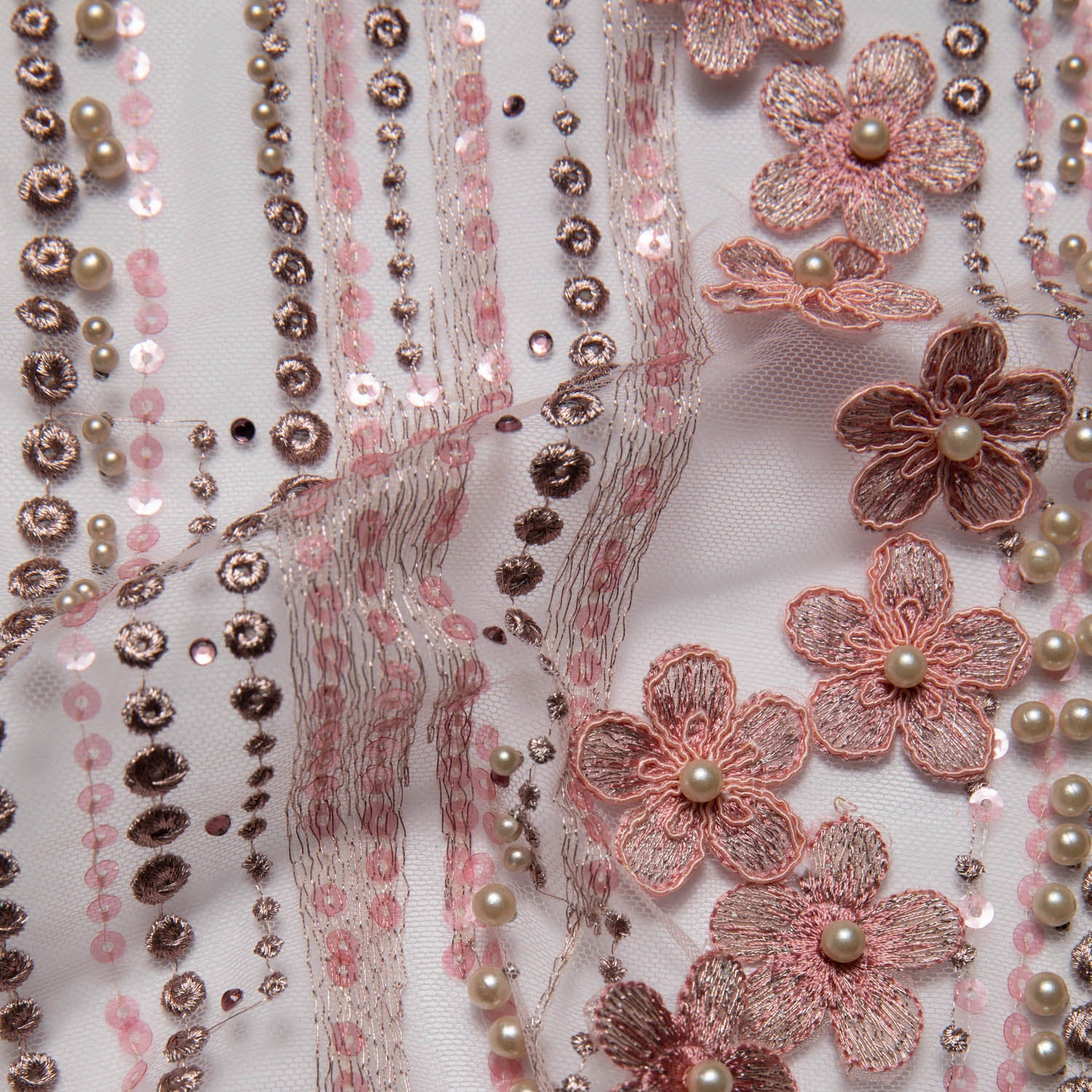 ROSE P/SOFT TULLE LACE FABRIC WITH SEQUINS AND APPLIQUE AND BEAUTIFUL 3D FLORAL DESIGN 52/54" WIDE | Exquisite Fabric