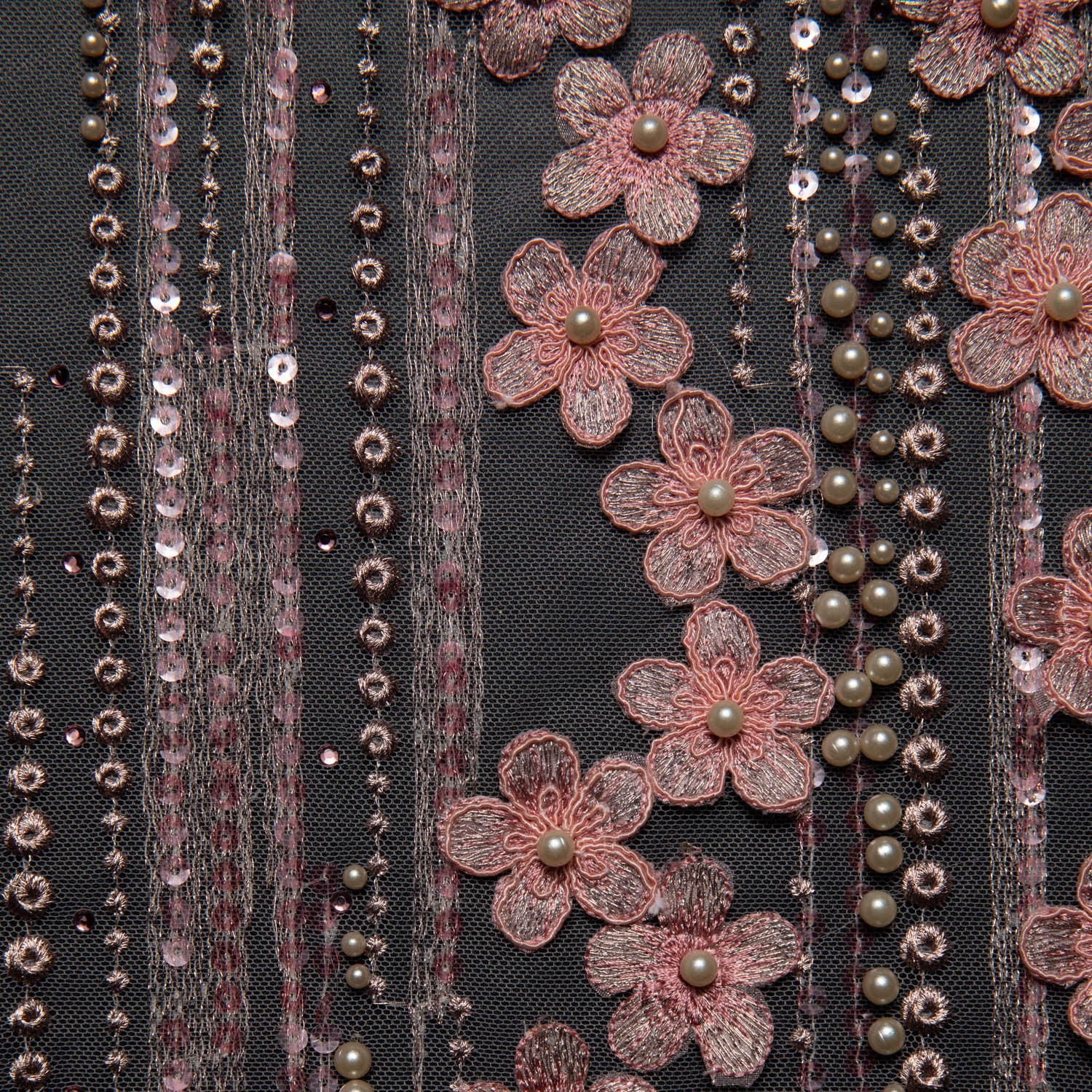 ROSE P/SOFT TULLE LACE FABRIC WITH SEQUINS AND APPLIQUE AND BEAUTIFUL 3D FLORAL DESIGN 52/54" WIDE | Exquisite Fabric