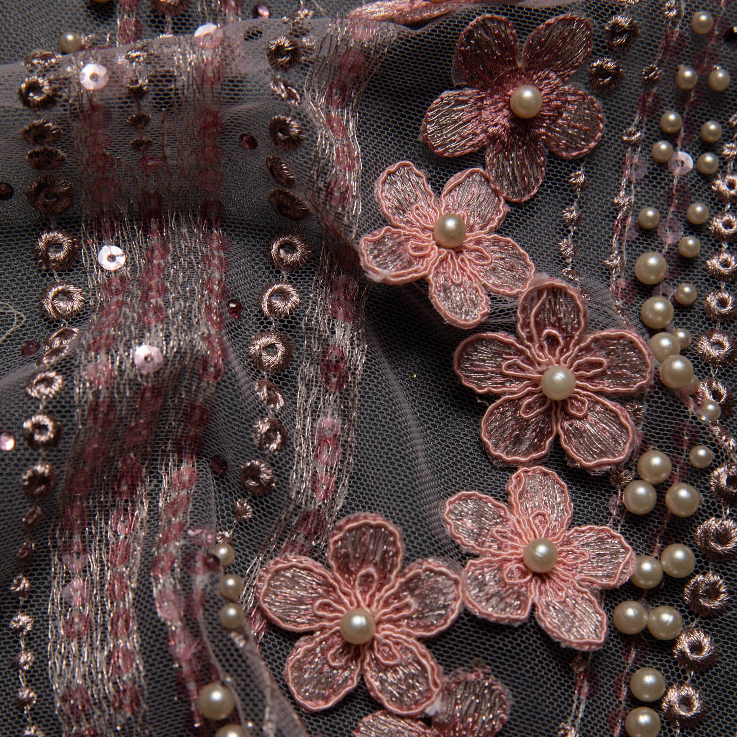ROSE P/SOFT TULLE LACE FABRIC WITH SEQUINS AND APPLIQUE AND BEAUTIFUL 3D FLORAL DESIGN 52/54" WIDE | Exquisite Fabric