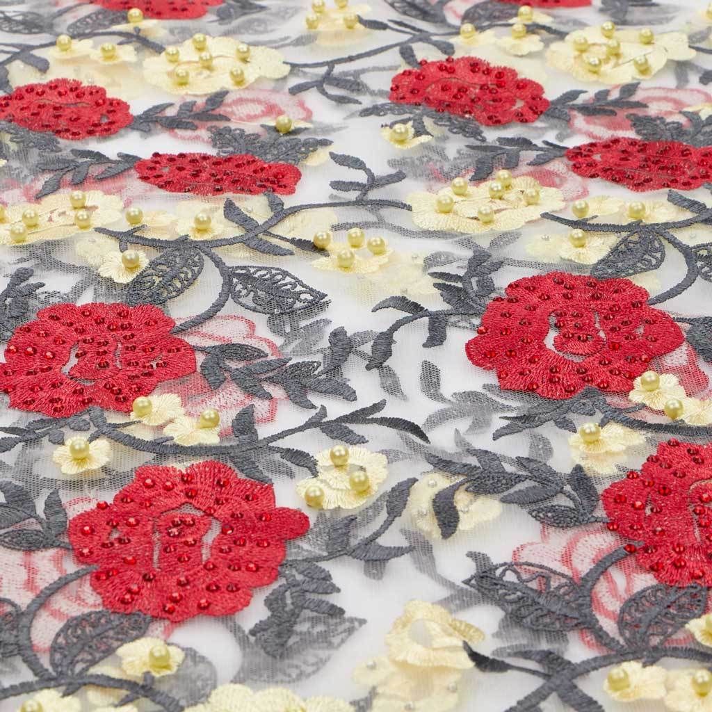 Rose and Vine Embroidered Mesh Fabric | Blue Moon Fabrics