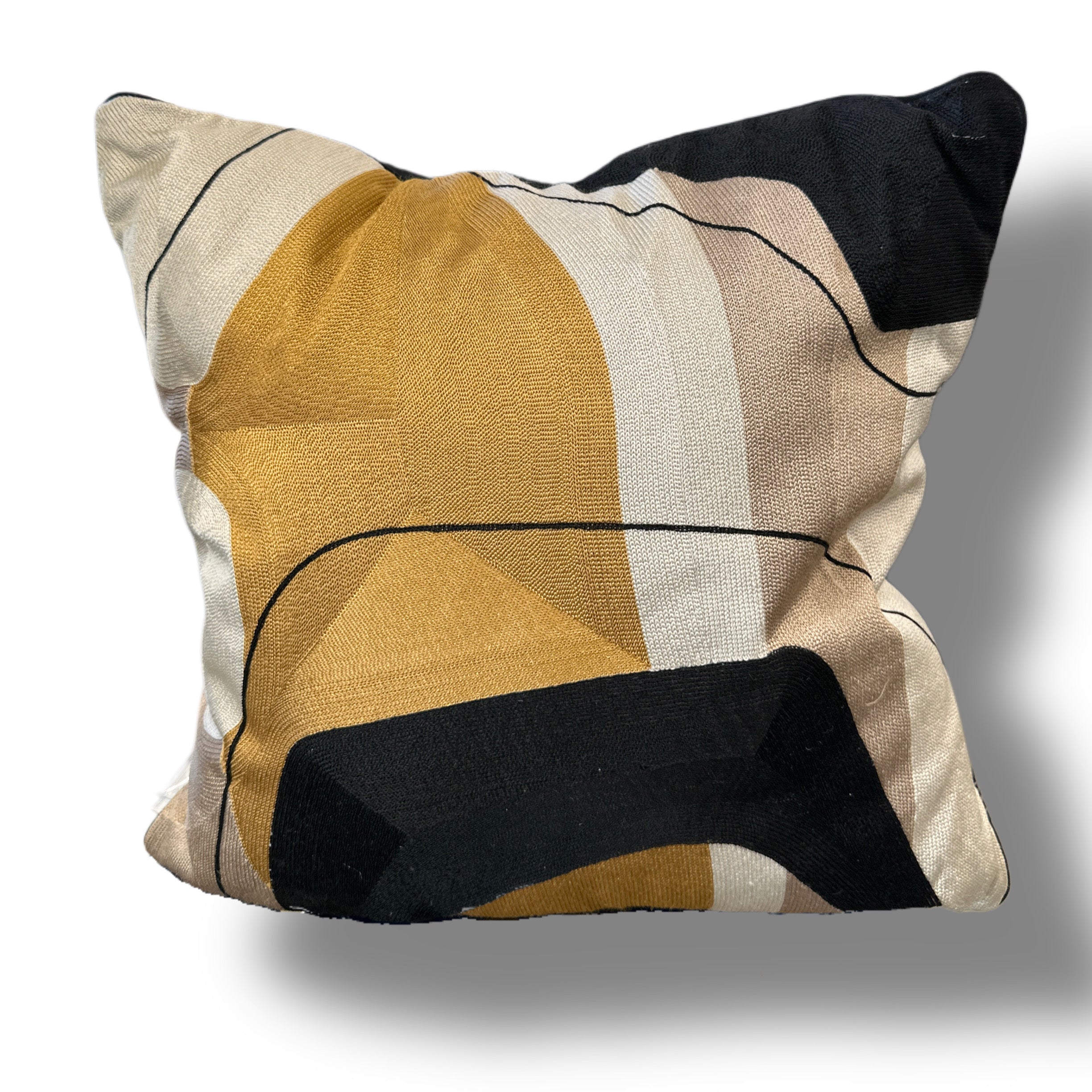 Black Velvet Throw Pillow with Bronze, Black, Beige, Ivory & Mustard Holographic Geometric Embroidery - SEV003.