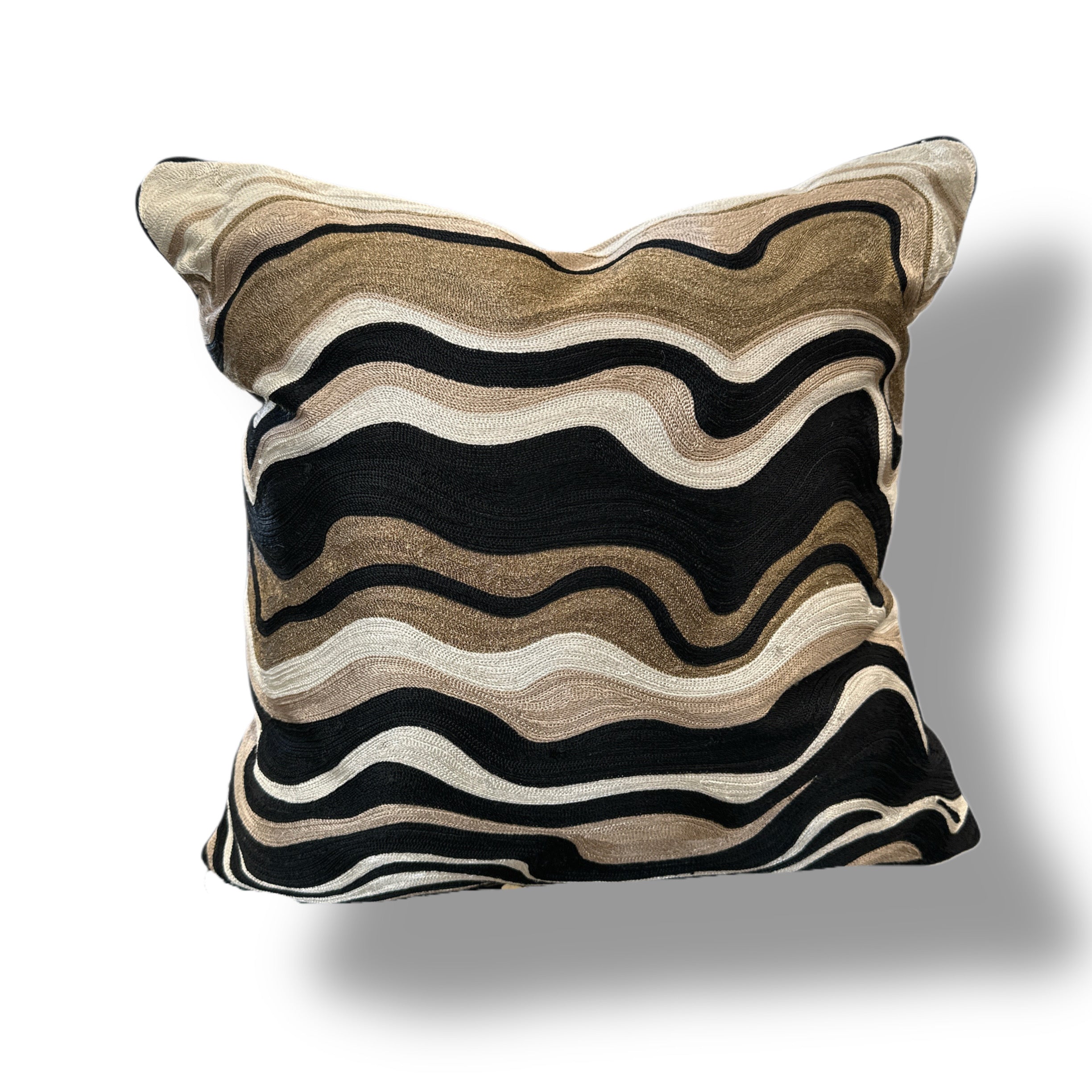 Black Velvet Throw Pillow with Bronze, Black, Beige & Ivory Abstract Embroidery - SEV005.