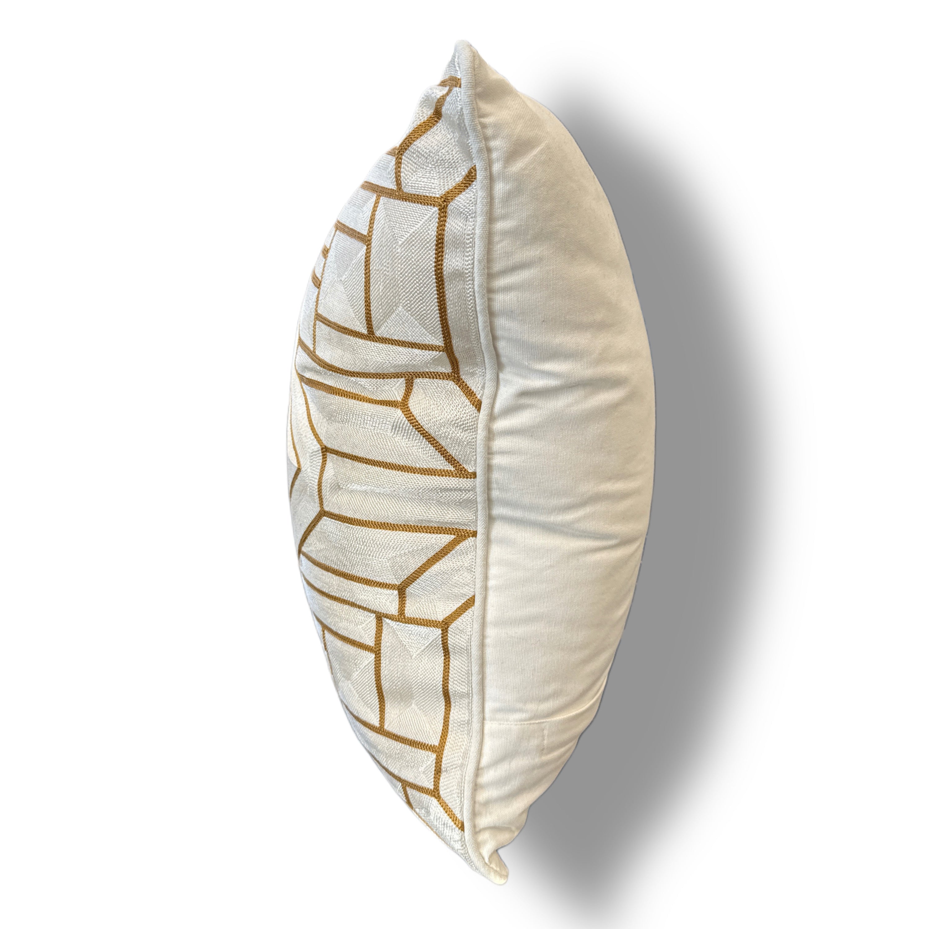 White Throw Pillow with Ivory and Gold Holographic Embroidered Stitching - SEV006.
