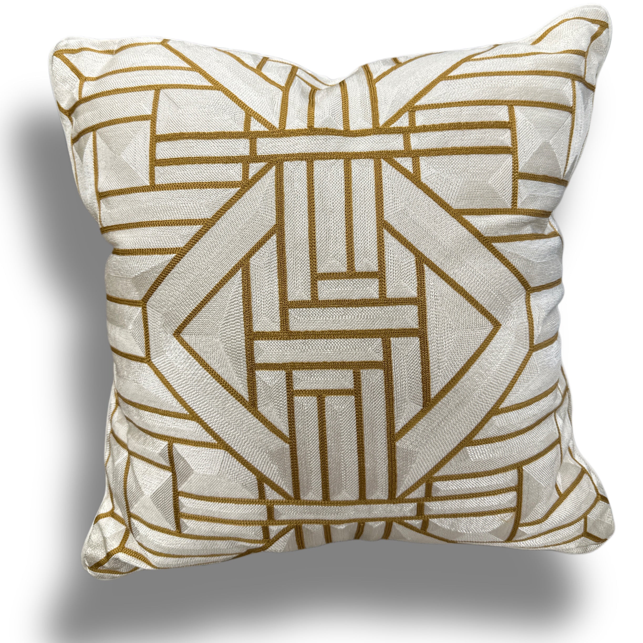 White Throw Pillow with Ivory and Gold Holographic Embroidered Stitching - SEV006.