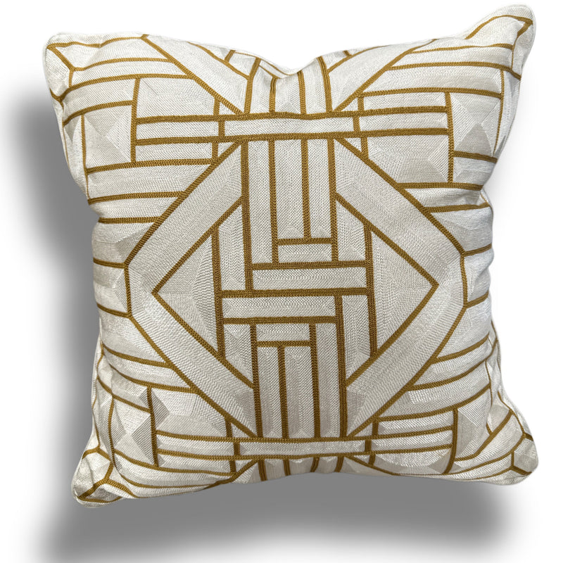 White Throw Pillow with Ivory and Gold Holographic Embroidered Stitching - SEV006.