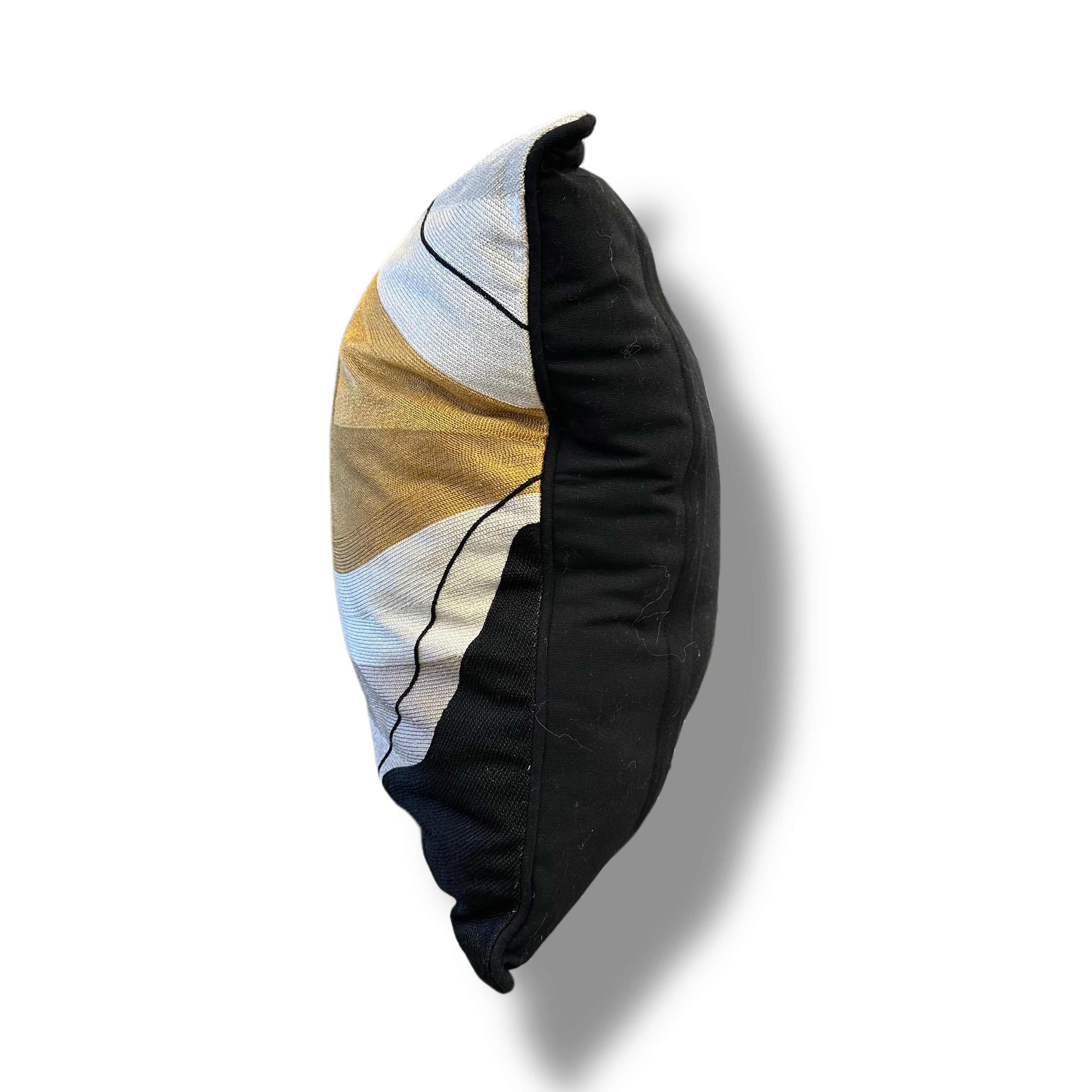 Black Velvet Throw Pillow with Bronze, Black, Beige, Ivory & Mustard Holographic Geometric Embroidery - SEV003.