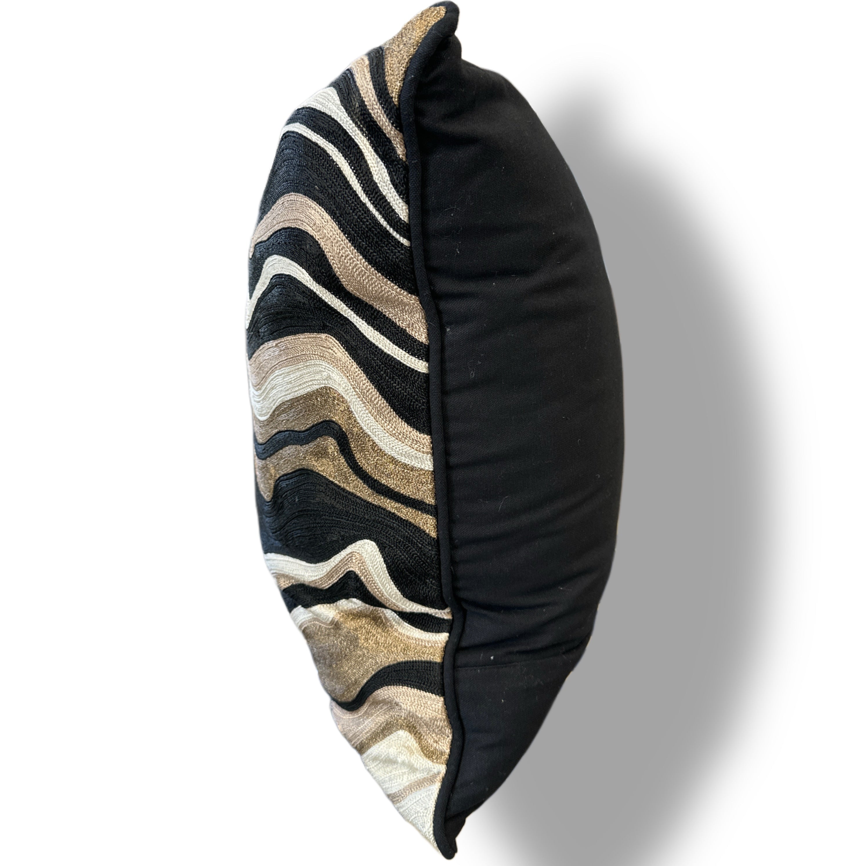 Black Velvet Throw Pillow with Bronze, Black, Beige & Ivory Abstract Embroidery - SEV005.