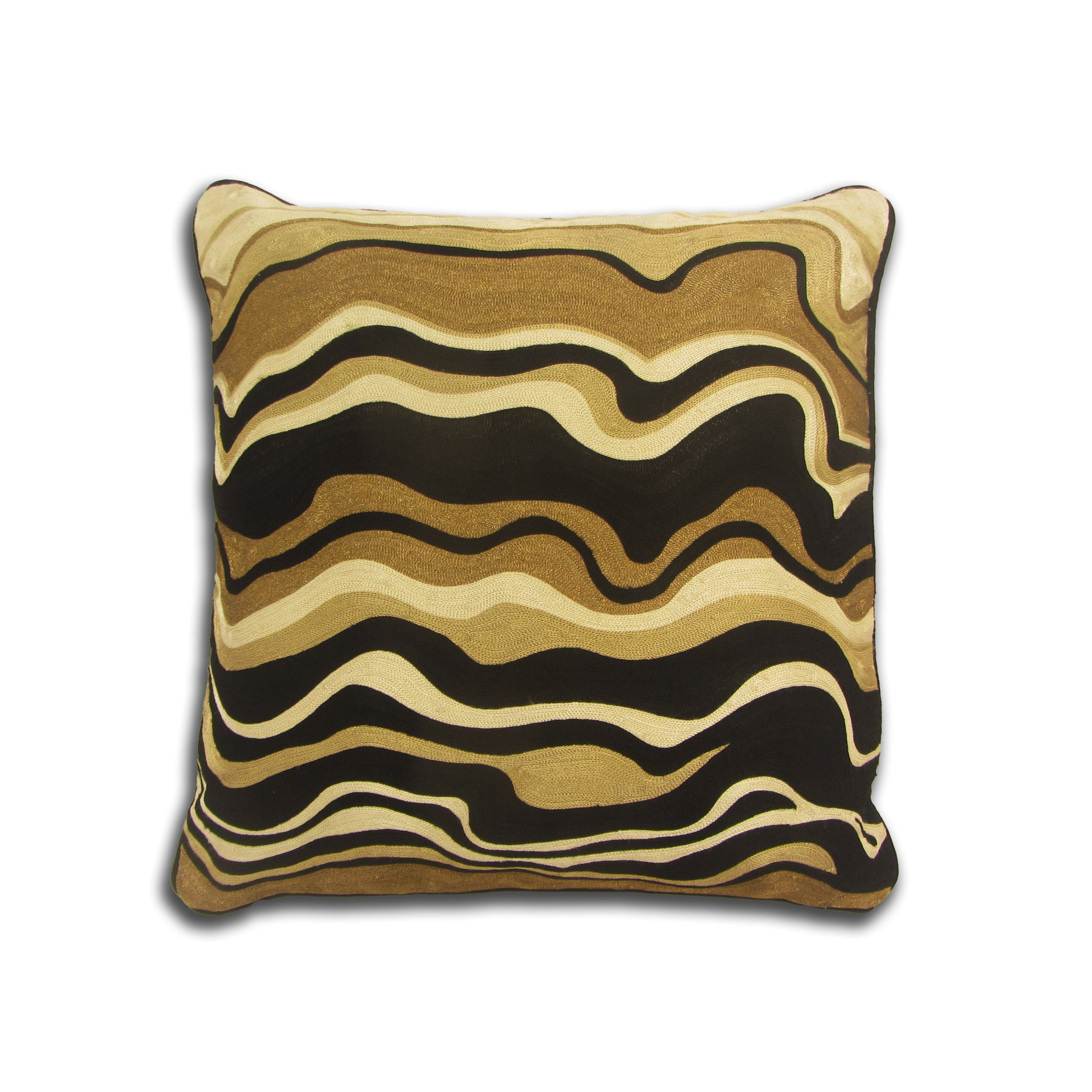 Black Velvet Throw Pillow with Bronze, Black, Beige & Ivory Abstract Embroidery - SEV005.