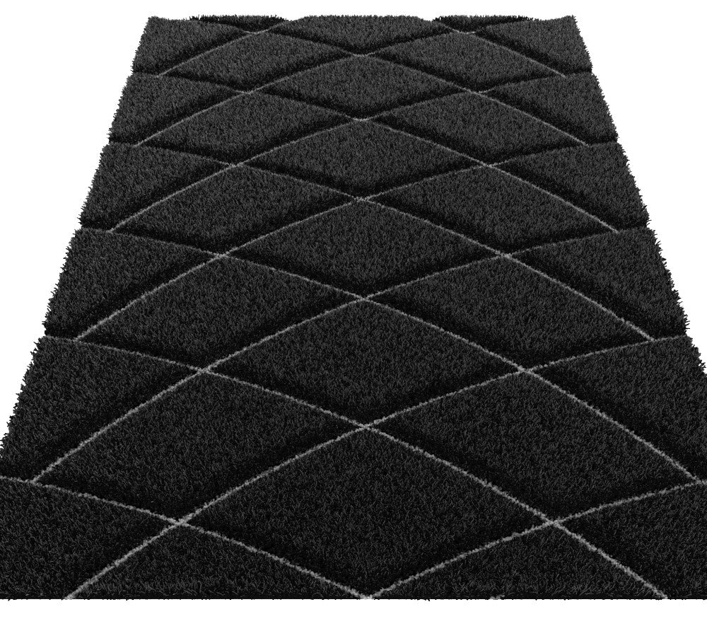 White/Black Modern Shag Area Rug/Carpet | Style# SR-722 - Crafted from 100% Polyester, Plush Fluffy Shine 3D Lines Design