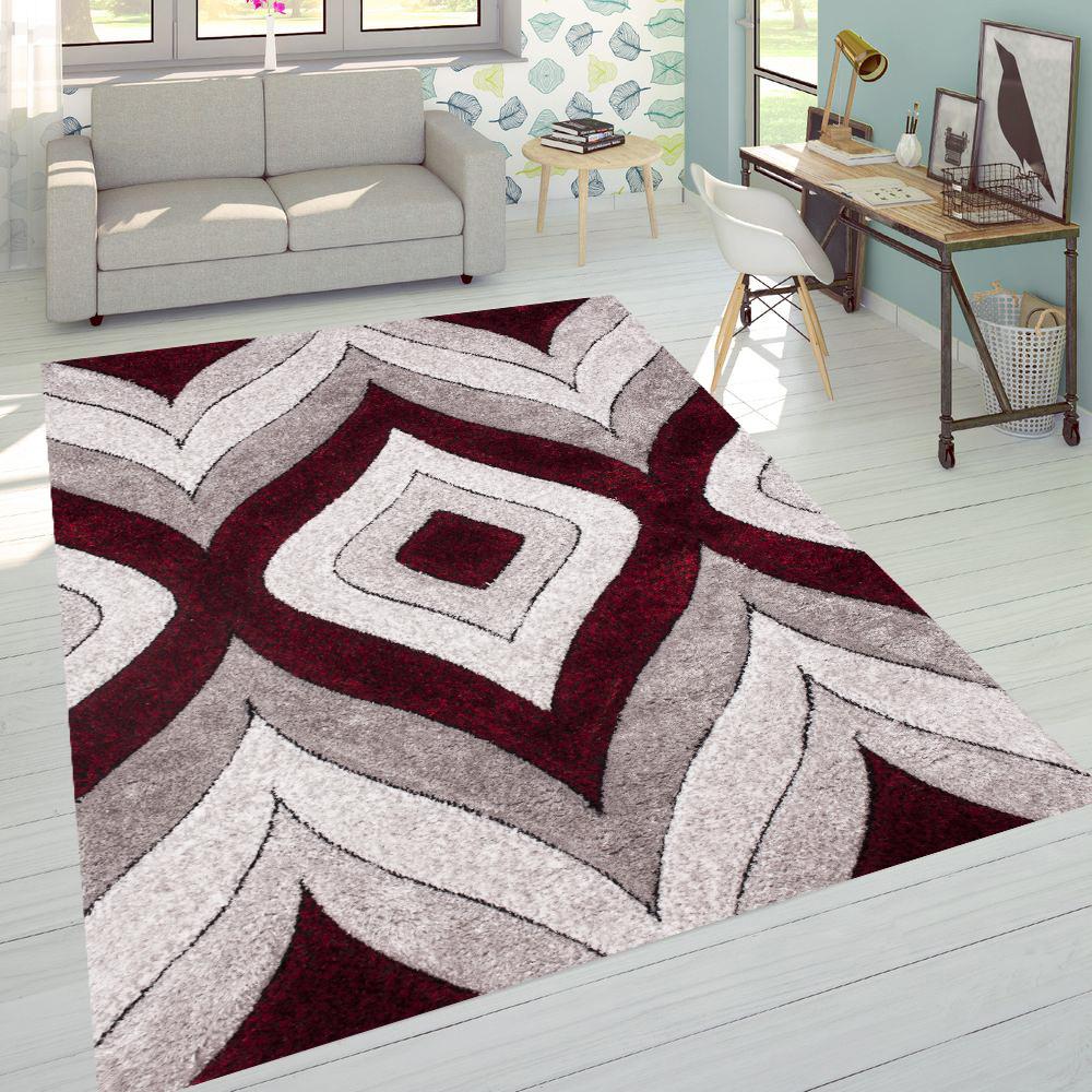 Touch of Red/Silver/Yellow Shag Area Rugs/Carpets | Style# SR-721 - Crafted from 100% Polyester, Plush Fluffy Shine 3D Geometric Design