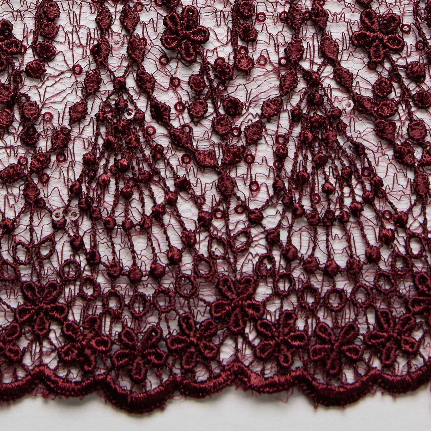 SUSEMI TULLE METTALIC EMB W/SQ 100% POLYESTER  50/52" BURGUNDY FABRIC - Exquisite Fabric