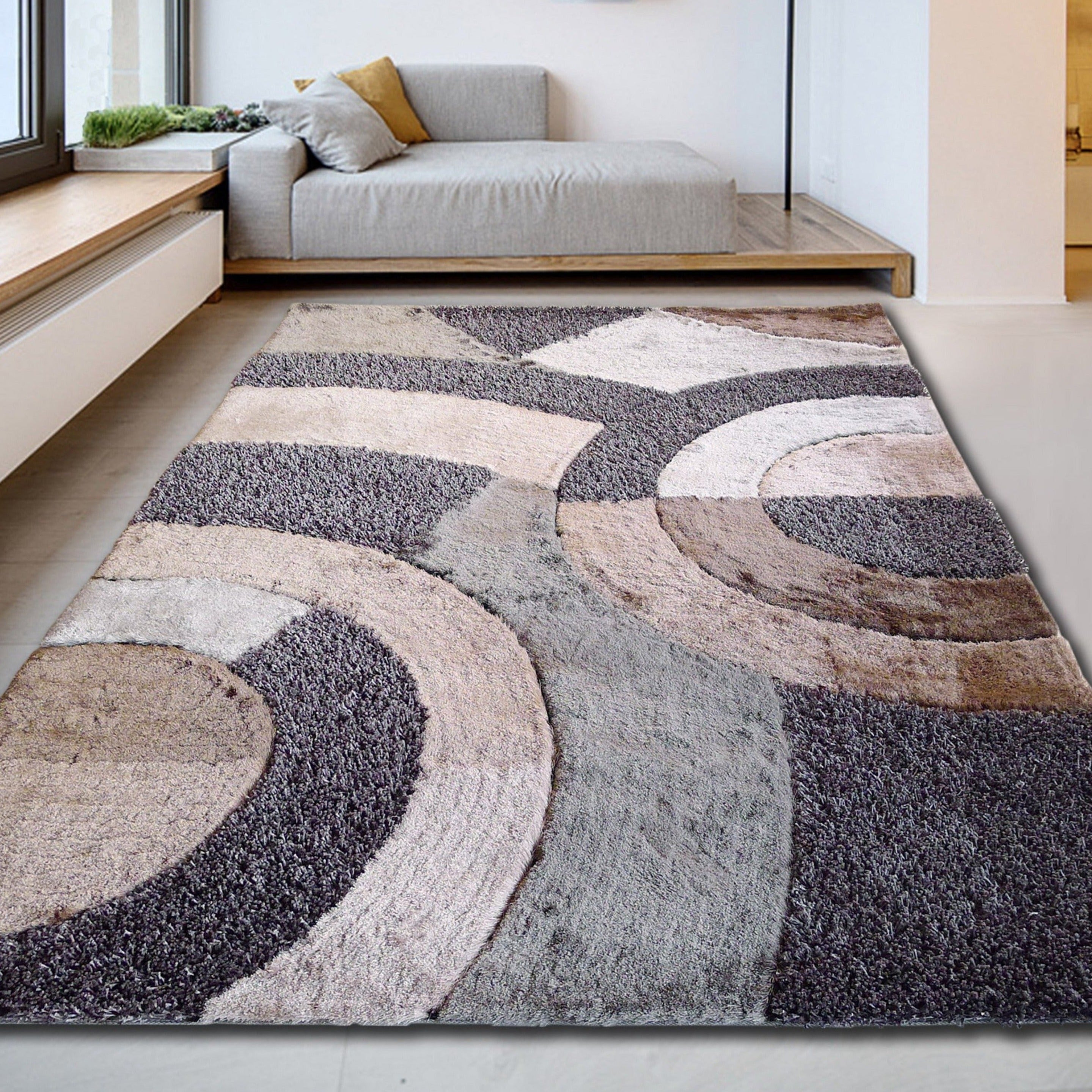 Circle Earth Tone Design Plush Fluffy Multi-textural Shag Area Rug/ Carpet