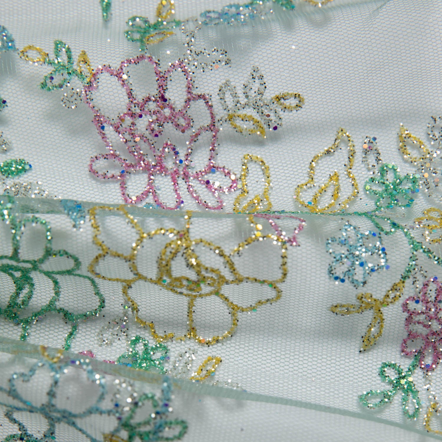 Tulle Lace Fabric with Multicolor Glitter and Floral Pattern 58" Wide | Exquisite Fabric