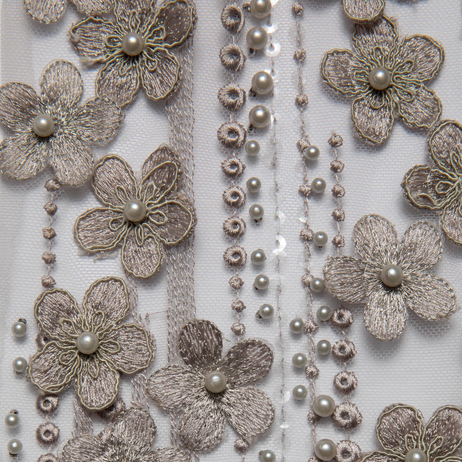 SILVER P/SOFT TULLE LACE FABRIC WITH SEQUINS AND APPLIQUE AND BEAUTIFUL 3D FLORAL DESIGN 52/54" WIDE | Exquisite Fabric