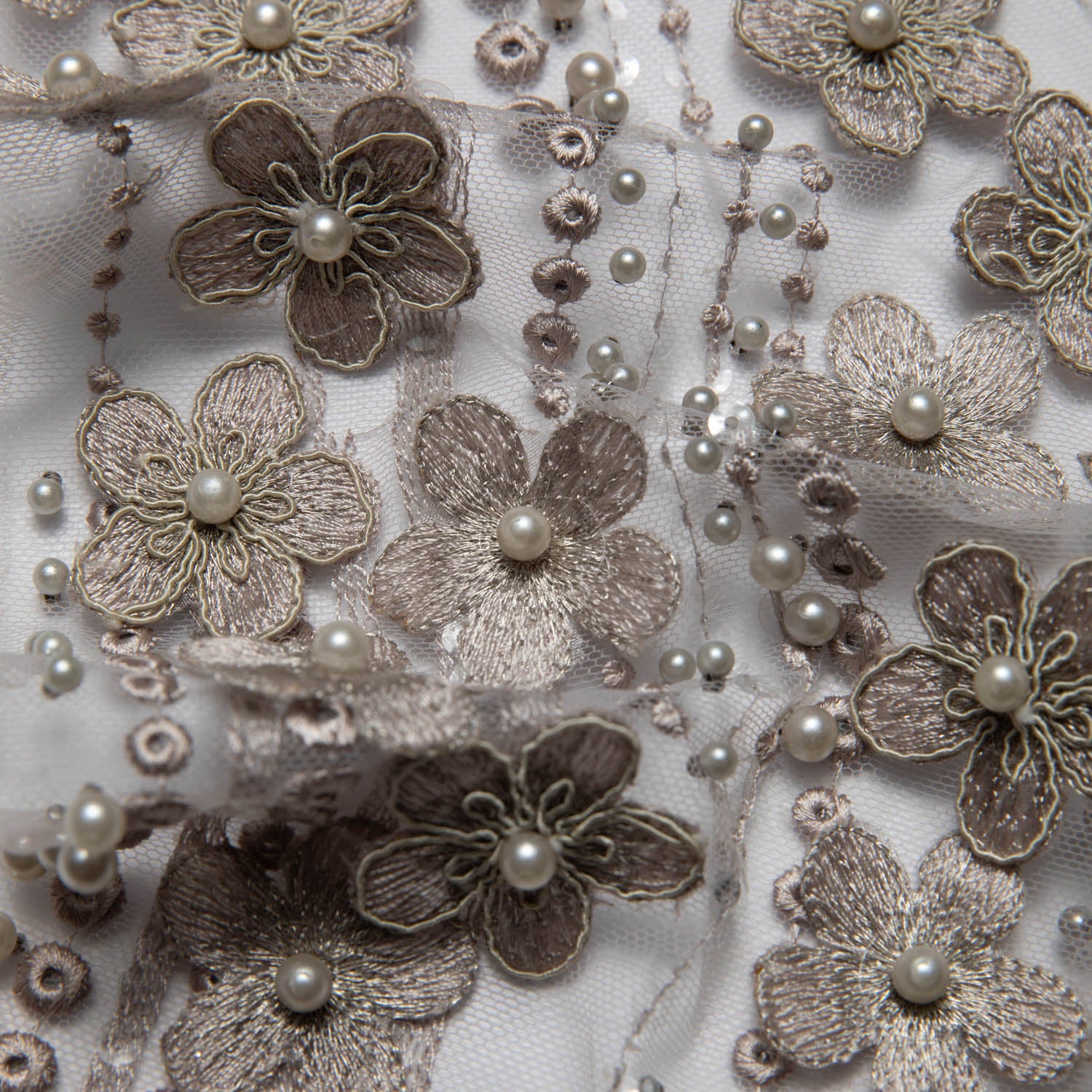SILVER P/SOFT TULLE LACE FABRIC WITH SEQUINS AND APPLIQUE AND BEAUTIFUL 3D FLORAL DESIGN 52/54" WIDE | Exquisite Fabric