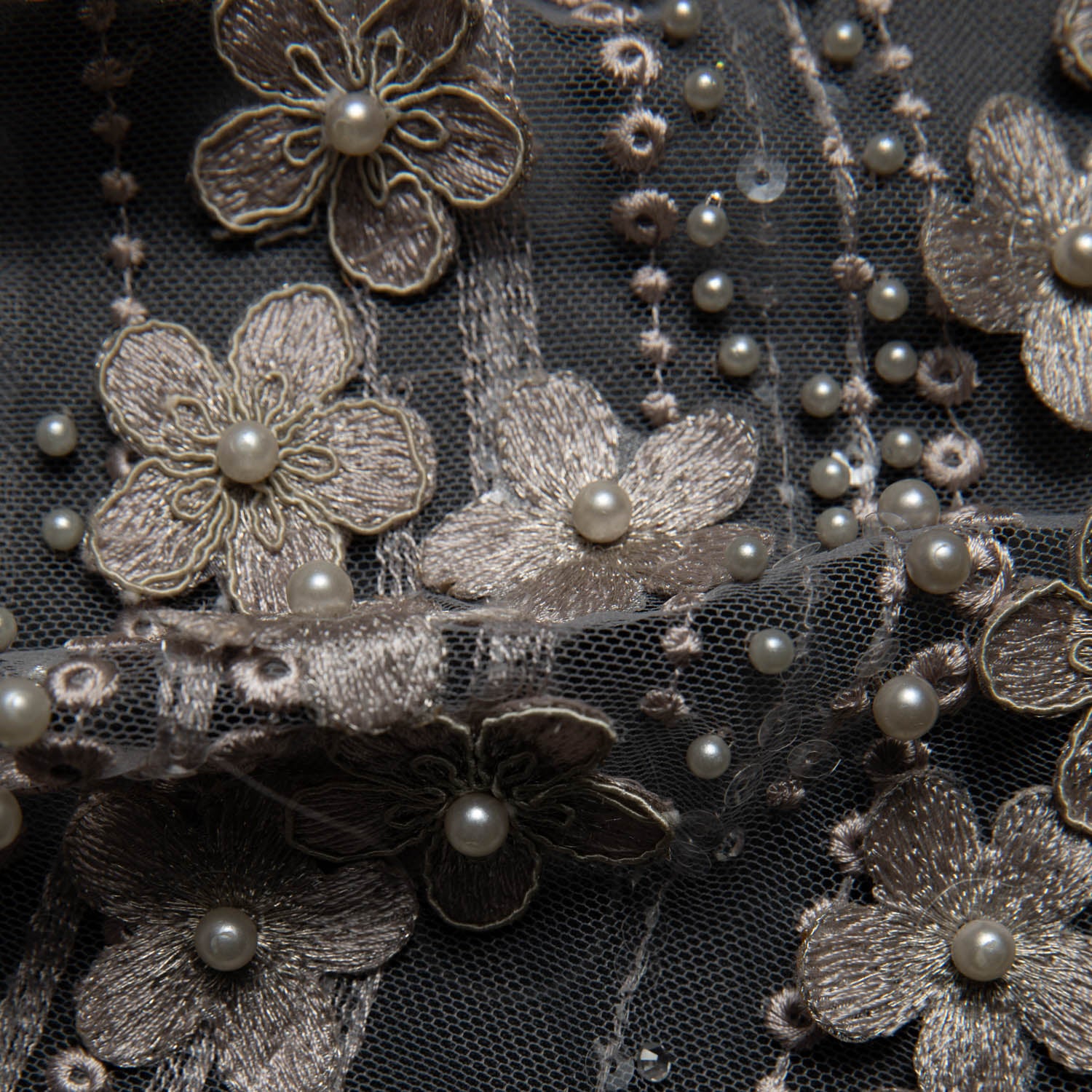 SILVER P/SOFT TULLE LACE FABRIC WITH SEQUINS AND APPLIQUE AND BEAUTIFUL 3D FLORAL DESIGN 52/54" WIDE | Exquisite Fabric
