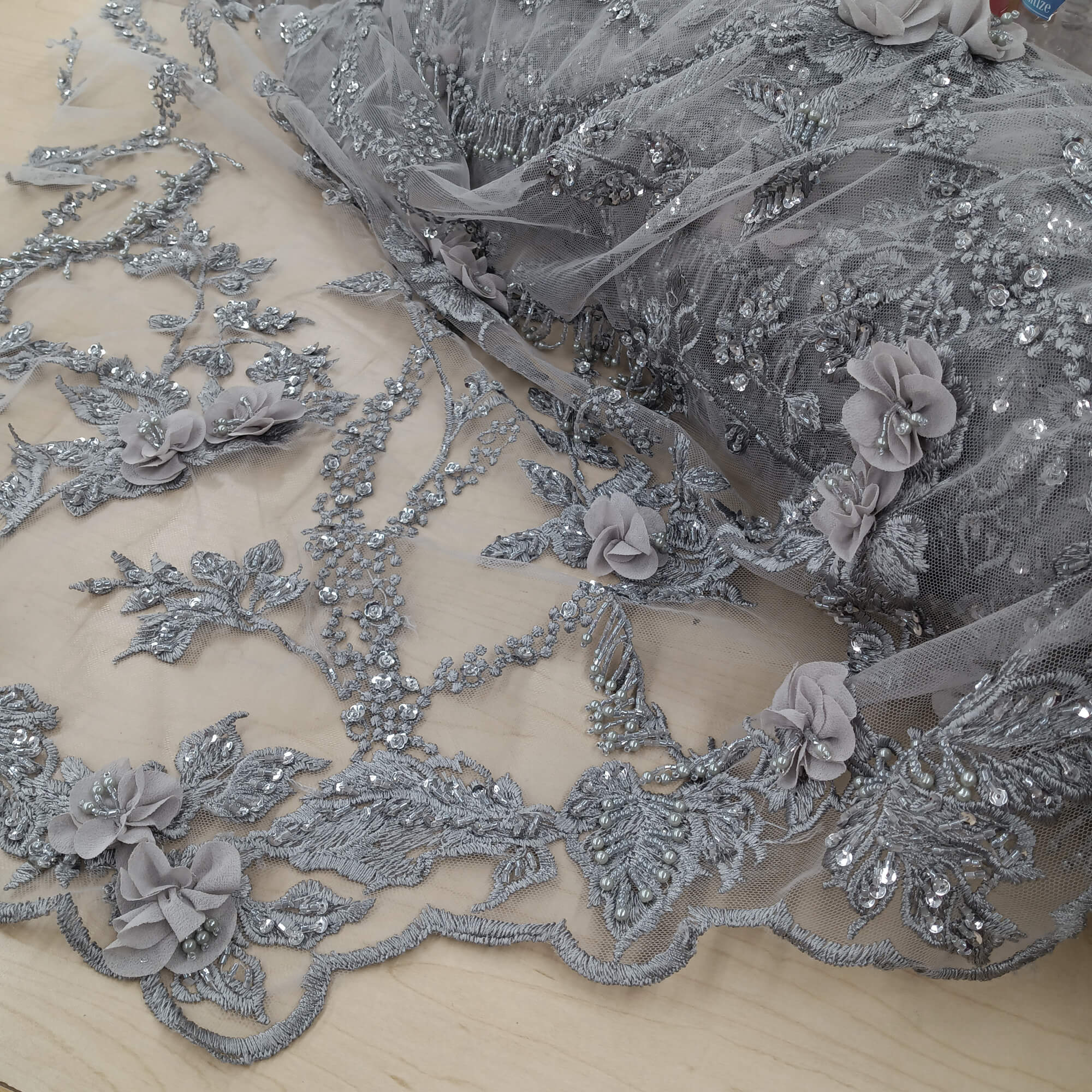 Beaded 3D Floral Lace Fabric Embroidered on 100% Polyester Net Mesh | Lace USA - GD-302