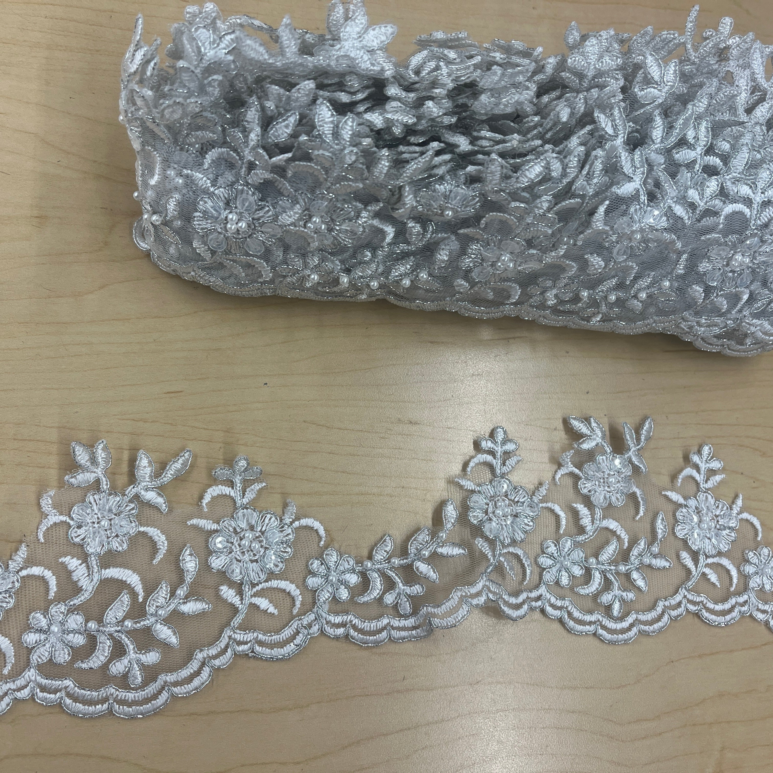 Beaded Corded Scalloped Lace Trim for Baptism, Christening, Bridal | Lace USA - 95914W-BP