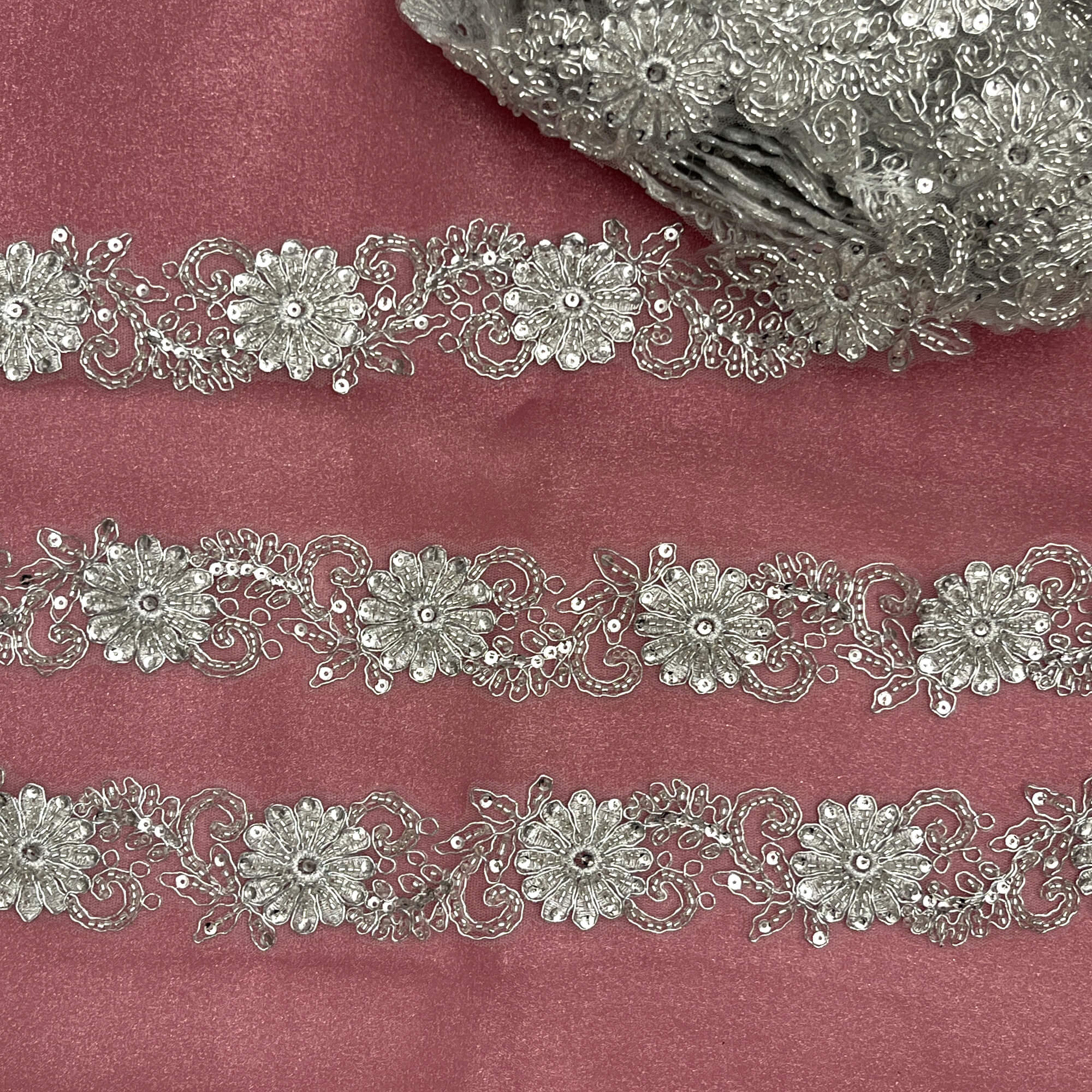 Beaded & Corded Lace Trimming Embroidered on 100% Polyester Net Mesh | Lace USA - 96275W-BP