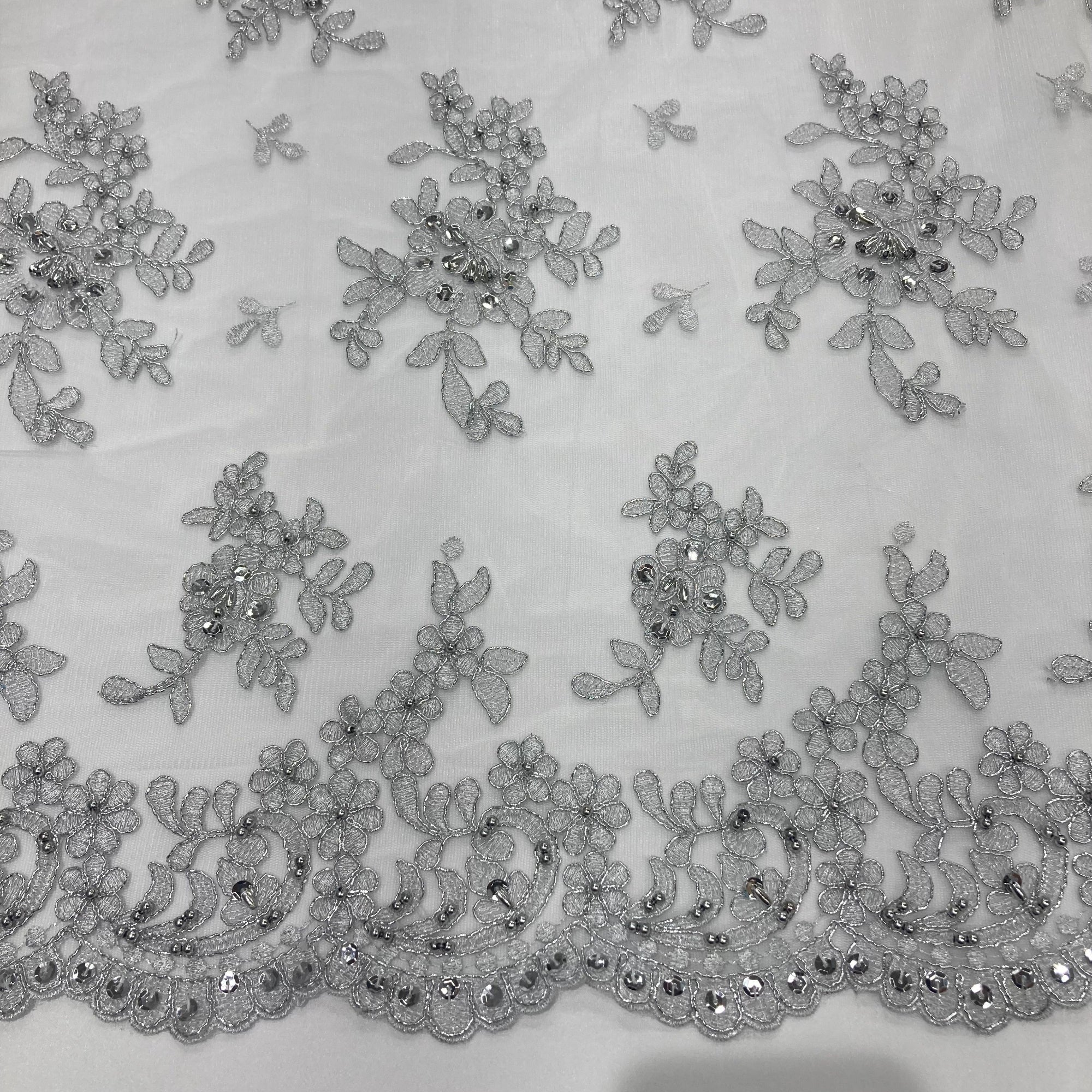 Beaded & Corded Lace Fabric – Floral Design with Scalloped Edges | Lace USA - 91436W-BP