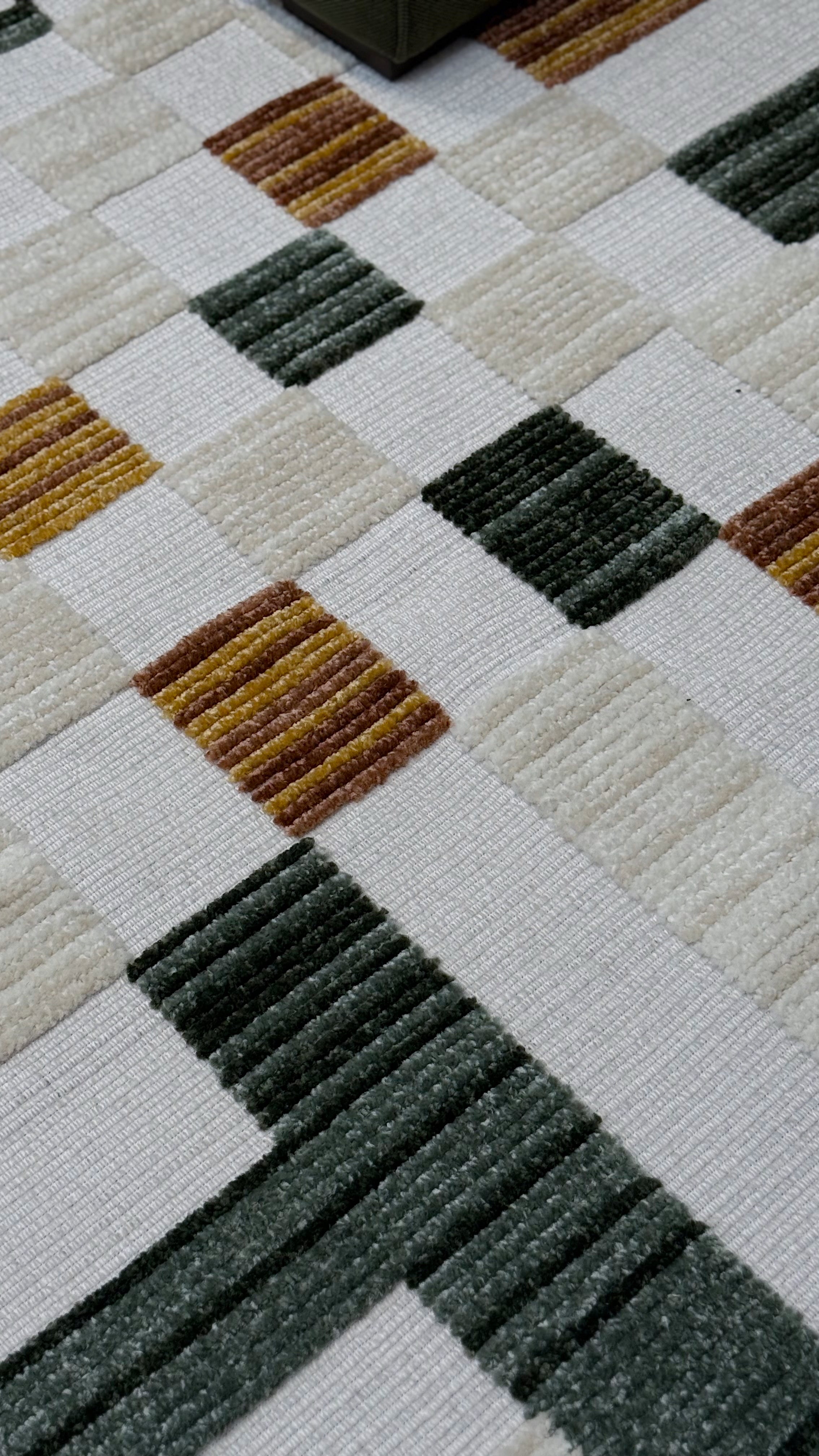 Cream Boho Area Rug – High-Low Texture with Earthy Hues of Mustard, Green & Beige - TIA 103.
