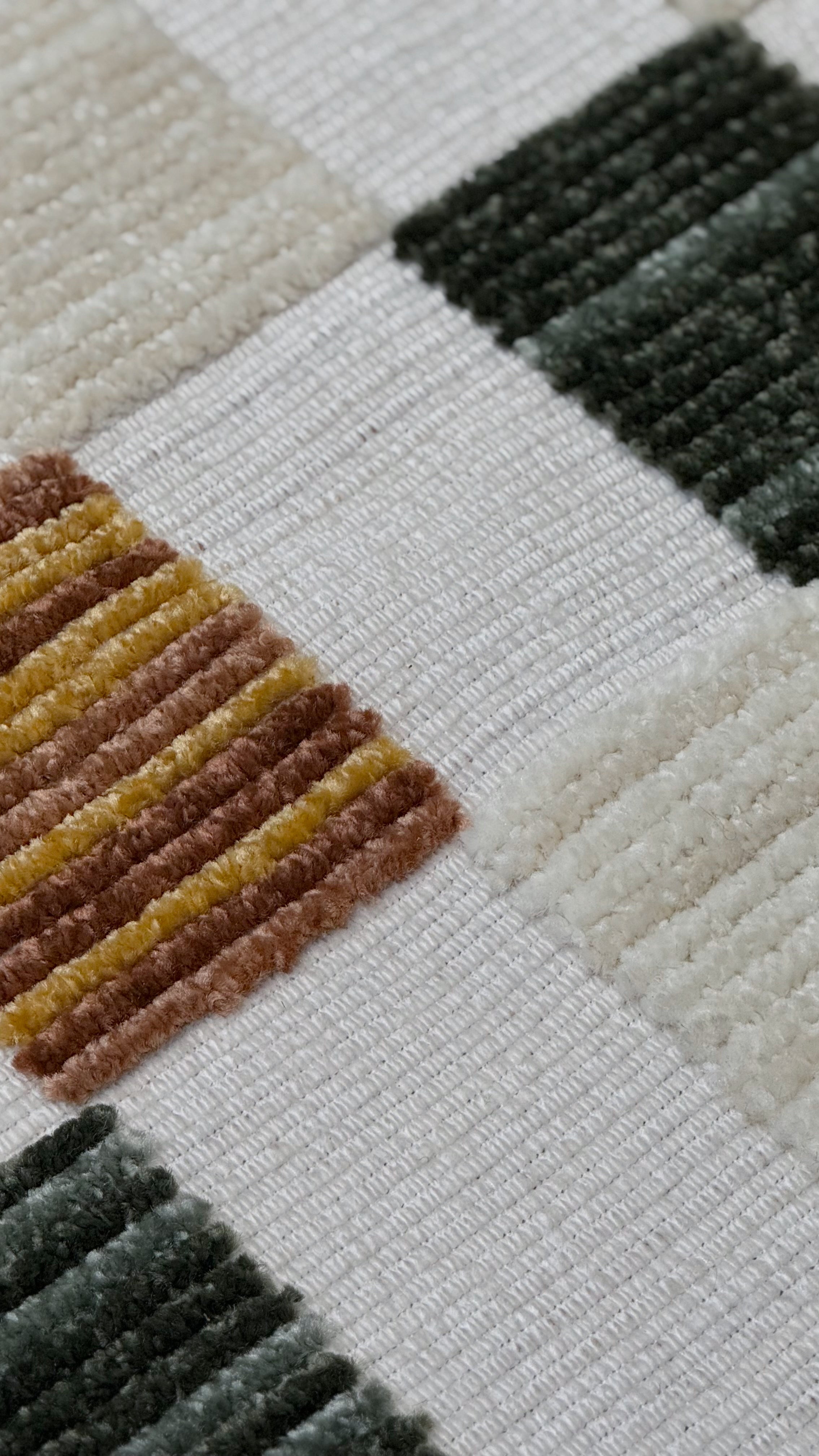 Cream Boho Area Rug – High-Low Texture with Earthy Hues of Mustard, Green & Beige - TIA 103.