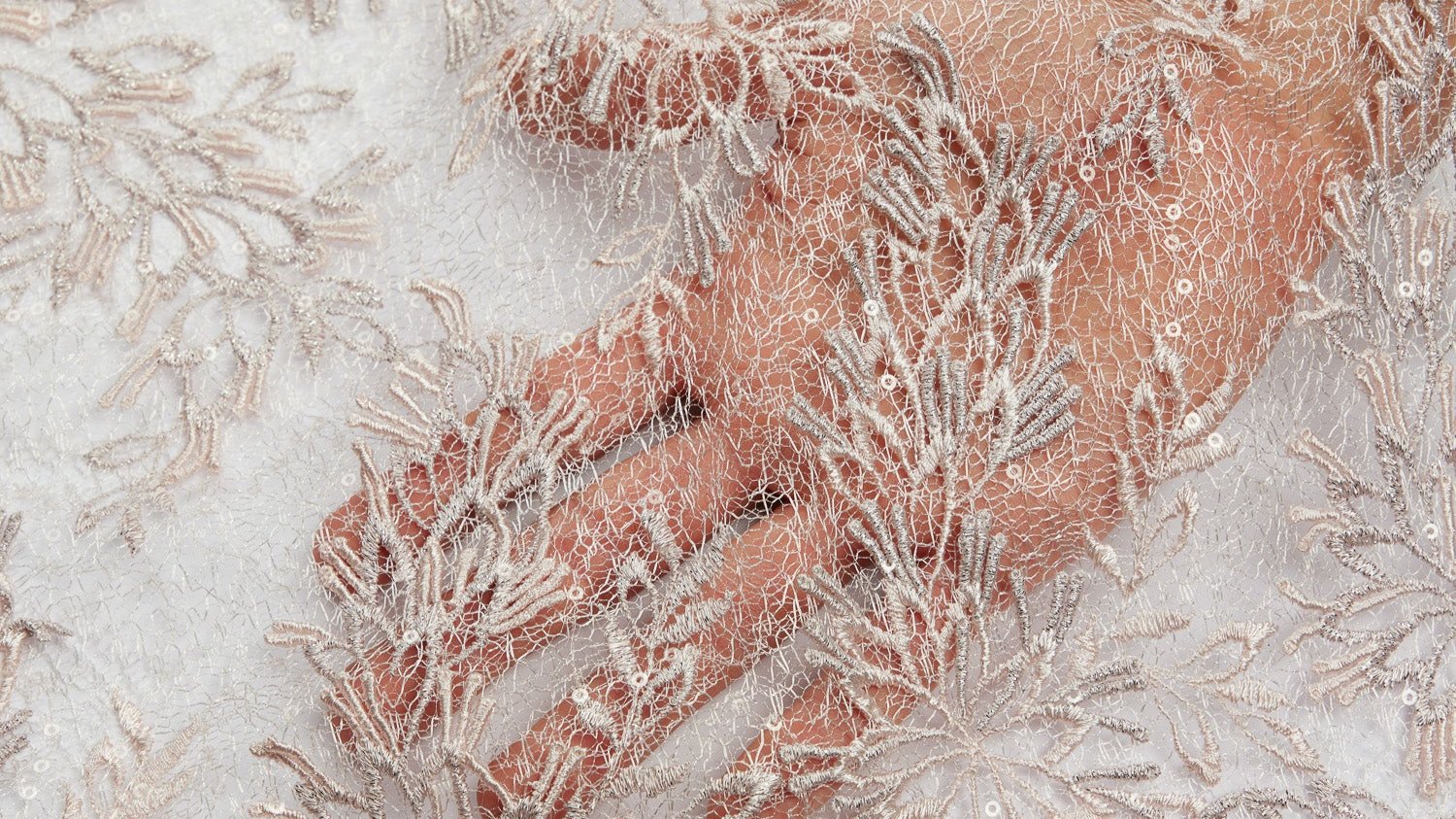 TULLE EMB WITH APPLIQUE 100% POLYESTER WIDTH 50/52" ROSE FABRIC - Exquisite Fabric