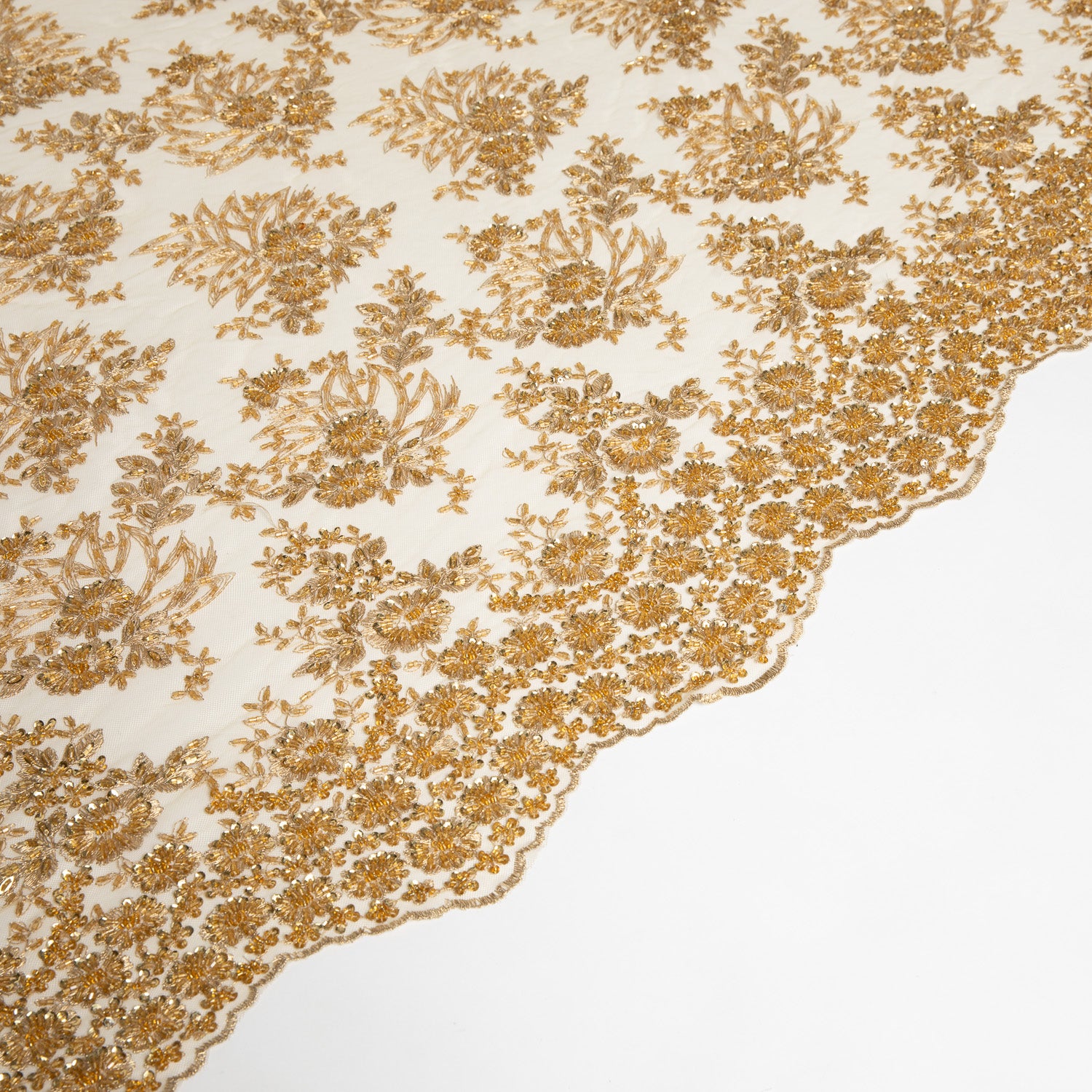 TULLE EMB WITH APPLIQUE AND BEADS 100% POLYESTER 50/52" GOLD FABRIC - Exquisite Fabric