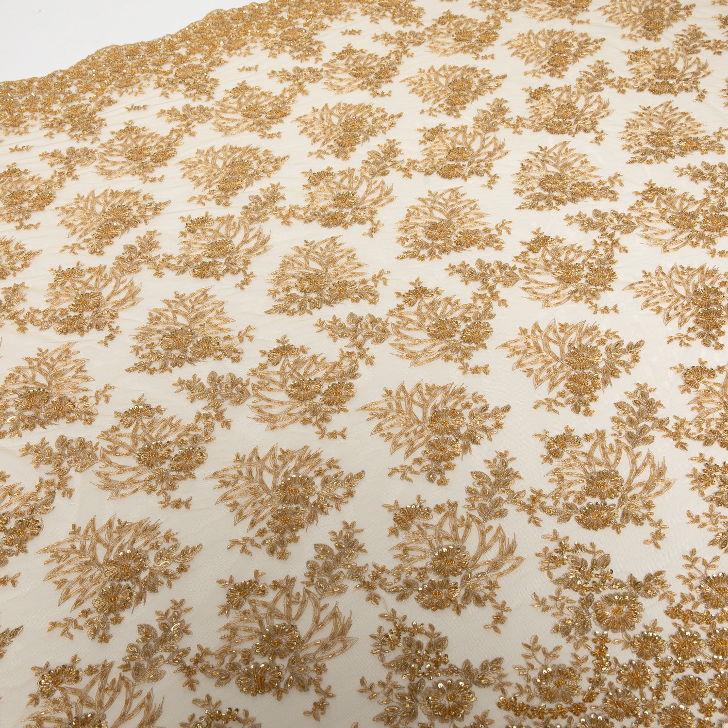TULLE EMB WITH APPLIQUE AND BEADS 100% POLYESTER 50/52" GOLD FABRIC - Exquisite Fabric