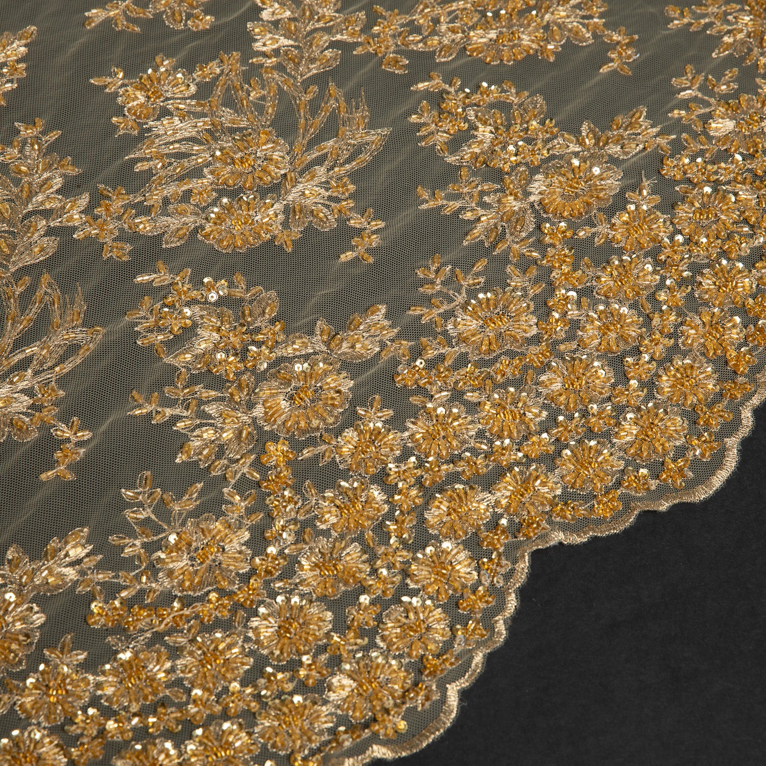 TULLE EMB WITH APPLIQUE AND BEADS 100% POLYESTER 50/52" GOLD FABRIC - Exquisite Fabric