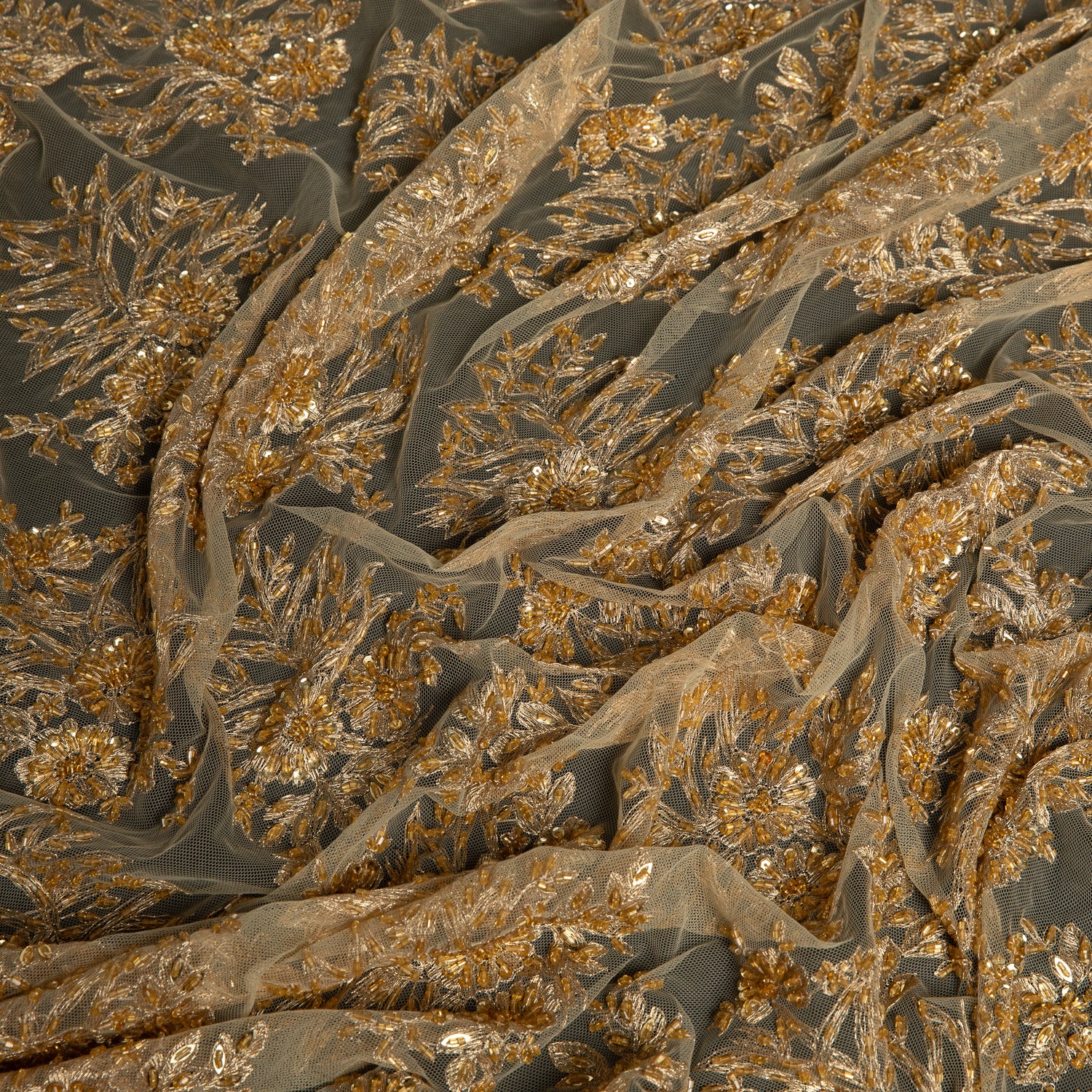 TULLE EMB WITH APPLIQUE AND BEADS 100% POLYESTER 50/52" GOLD FABRIC - Exquisite Fabric