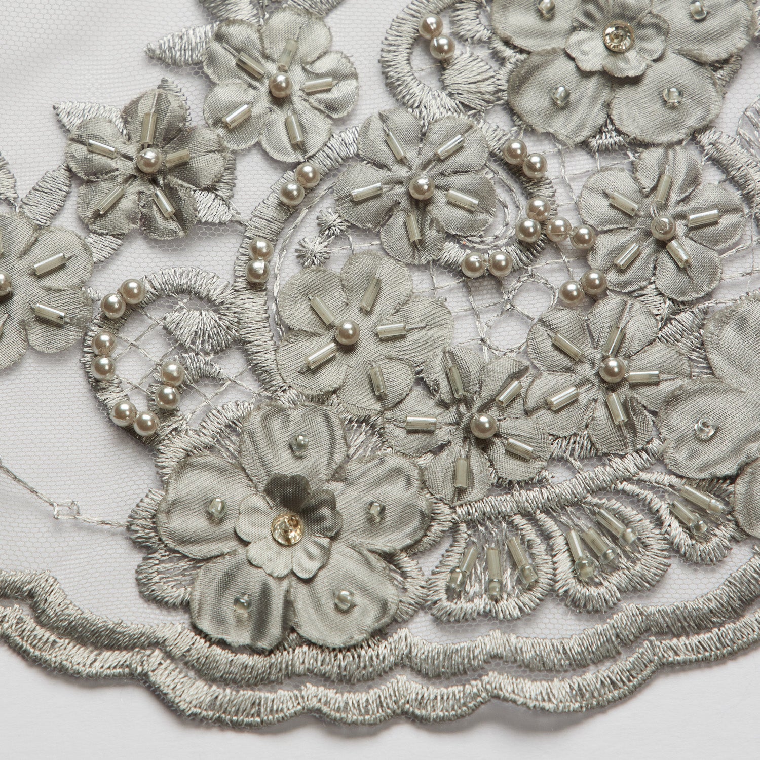 TULLE EMB WITH APPLIQUE AND BEADS 100% POLYESTER 50/52" SILVER FABRIC - Exquisite Fabric