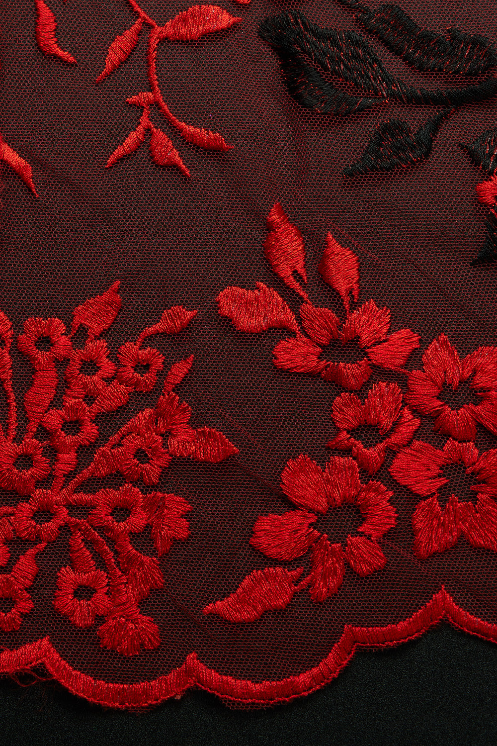 TULLE EMB WITH TWO TONE 100% POLYESTER 50/52" RED/BLACK FABRIC - Exquisite Fabrics