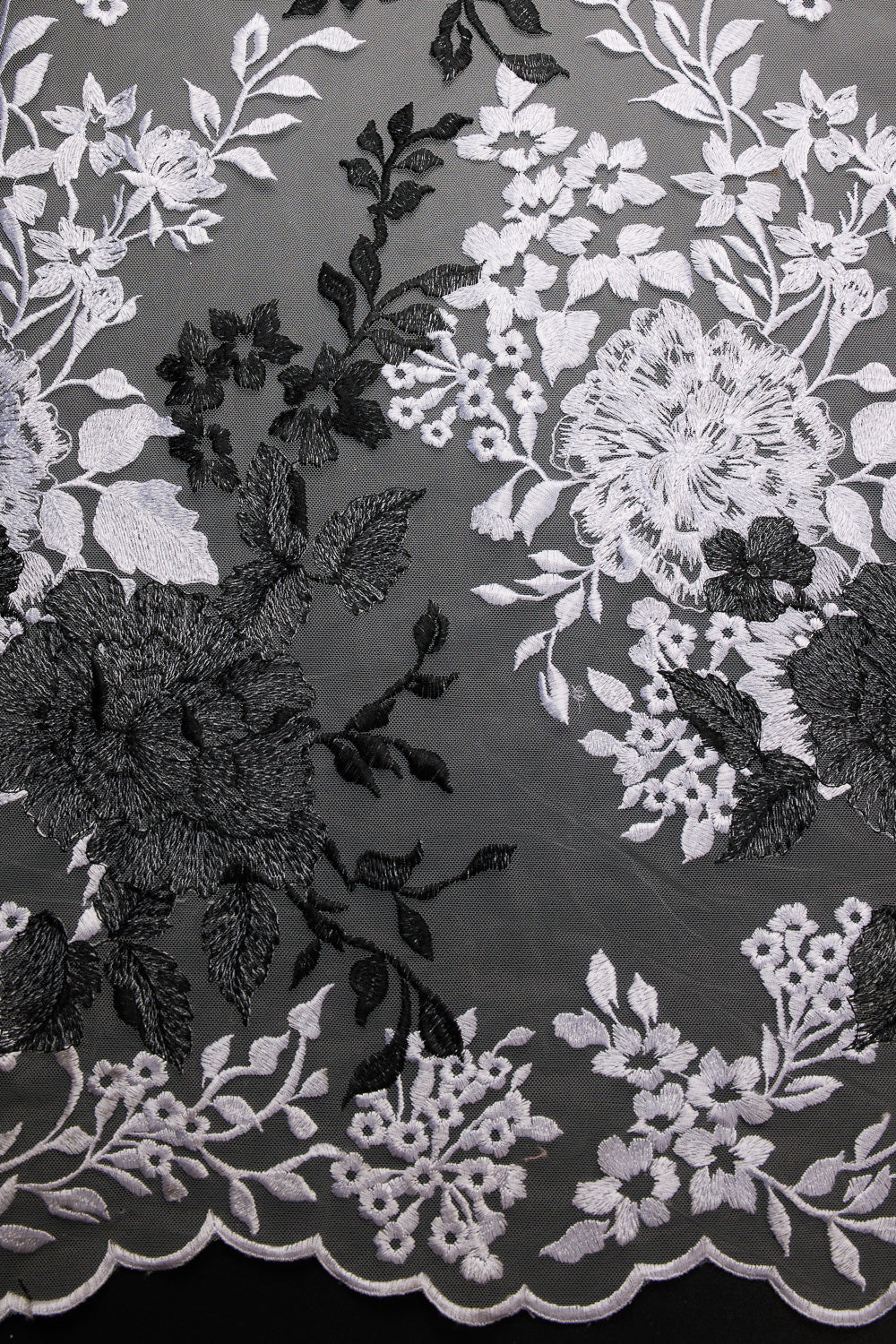TULLE EMB WITH TWO TONE 100% POLYESTER 50/52" WHITE/BLACK FABRIC - Exquisite Fabrics
