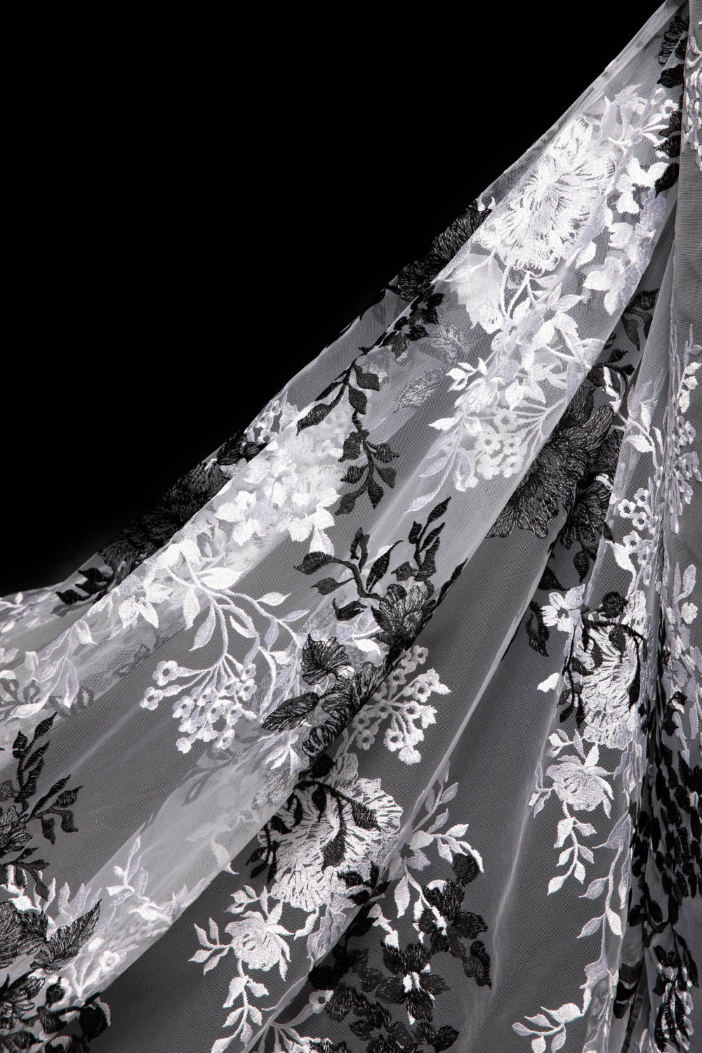 TULLE EMB WITH TWO TONE 100% POLYESTER 50/52" WHITE/BLACK FABRIC - Exquisite Fabrics