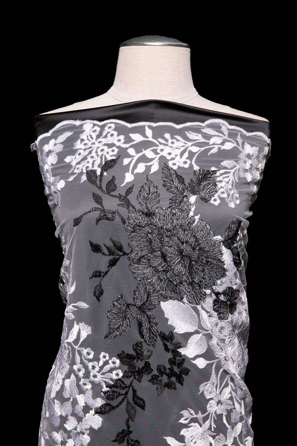 TULLE EMB WITH TWO TONE 100% POLYESTER 50/52" WHITE/BLACK FABRIC - Exquisite Fabrics