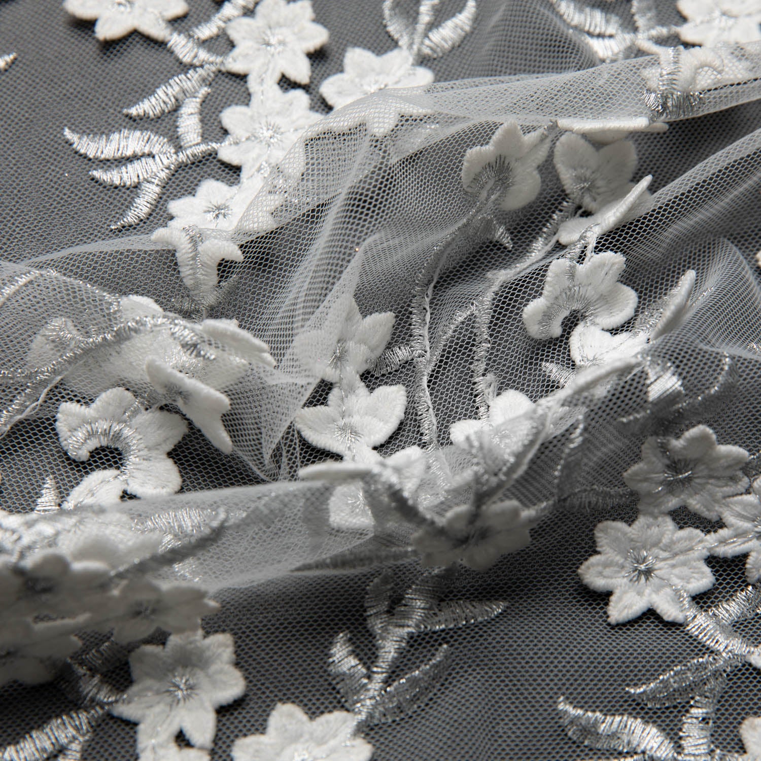 TULLE WITH EMB APPLIQUE 52/54" WHITE/SILVER FABRIC - Exquisite Fabrics