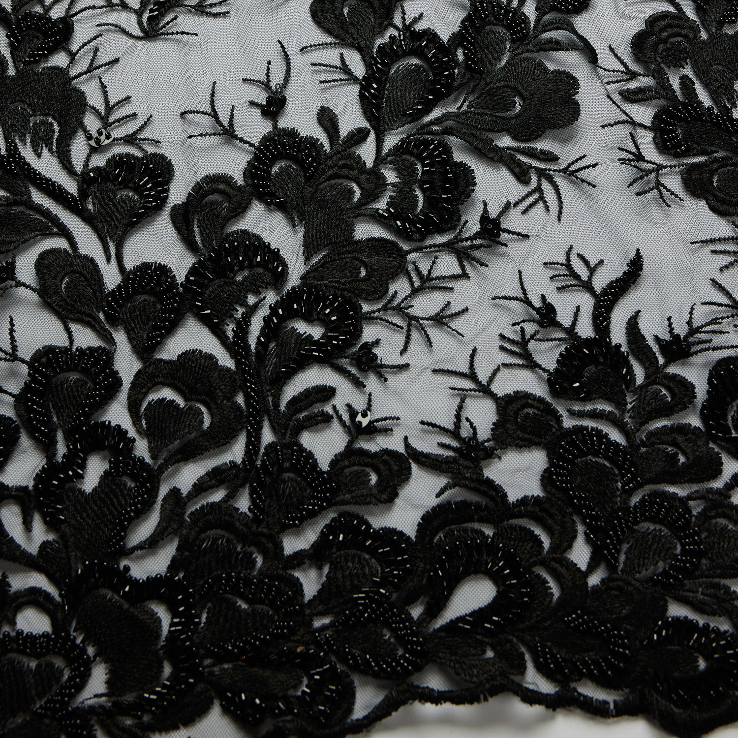 TULLE WITH EMB WITH BEADS AND SEQ 100% POLYESTER 50/52" BLACK FABRIC - Exquisite Fabrics
