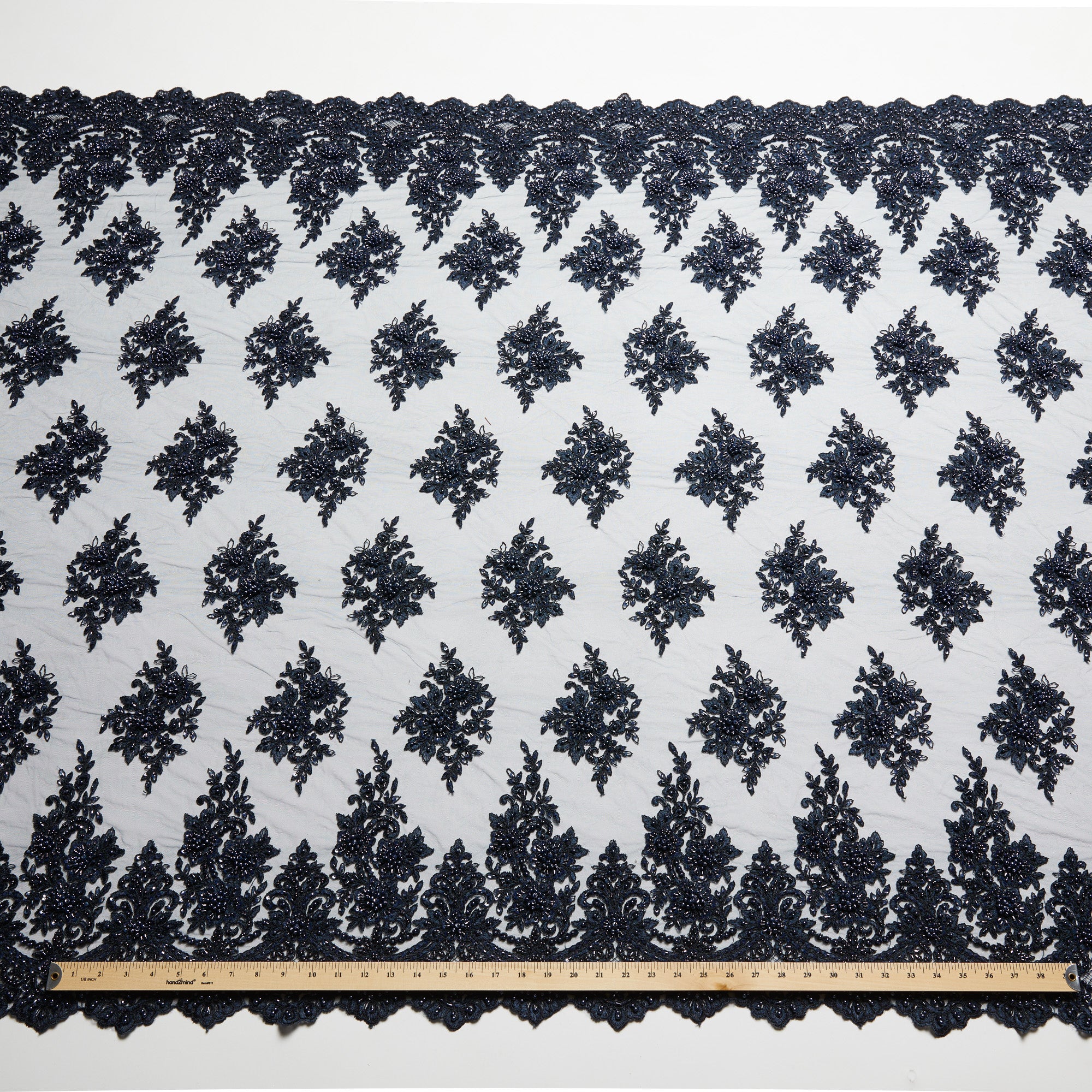 TULLE WITH EMB WITH BEADS AND SEQ 100% POLYESTER 50/52" DARK NAVY FABRIC - Exquisite Fabrics