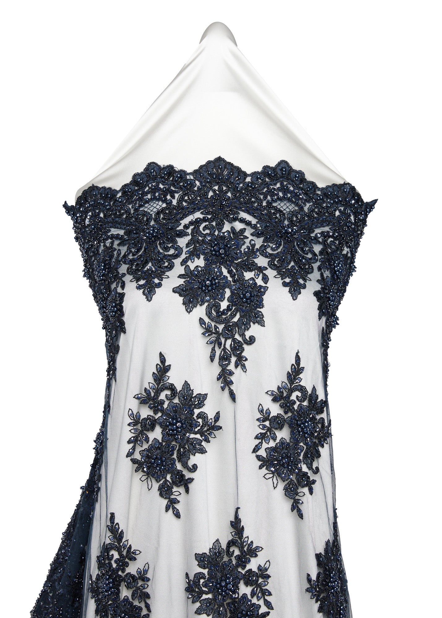 TULLE WITH EMB WITH BEADS AND SEQ 100% POLYESTER 50/52" DARK NAVY FABRIC - Exquisite Fabrics