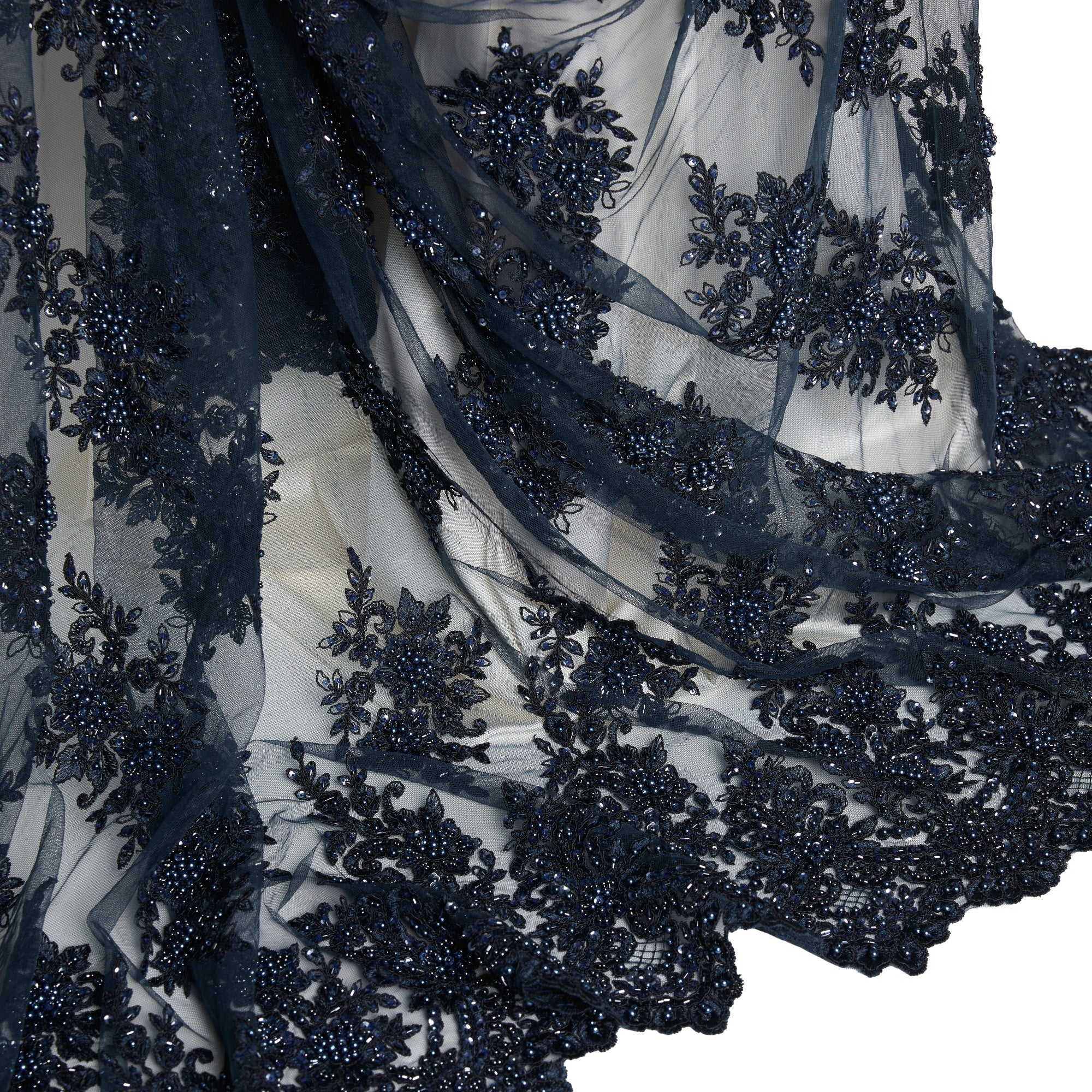 TULLE WITH EMB WITH BEADS AND SEQ 100% POLYESTER 50/52" DARK NAVY FABRIC - Exquisite Fabrics