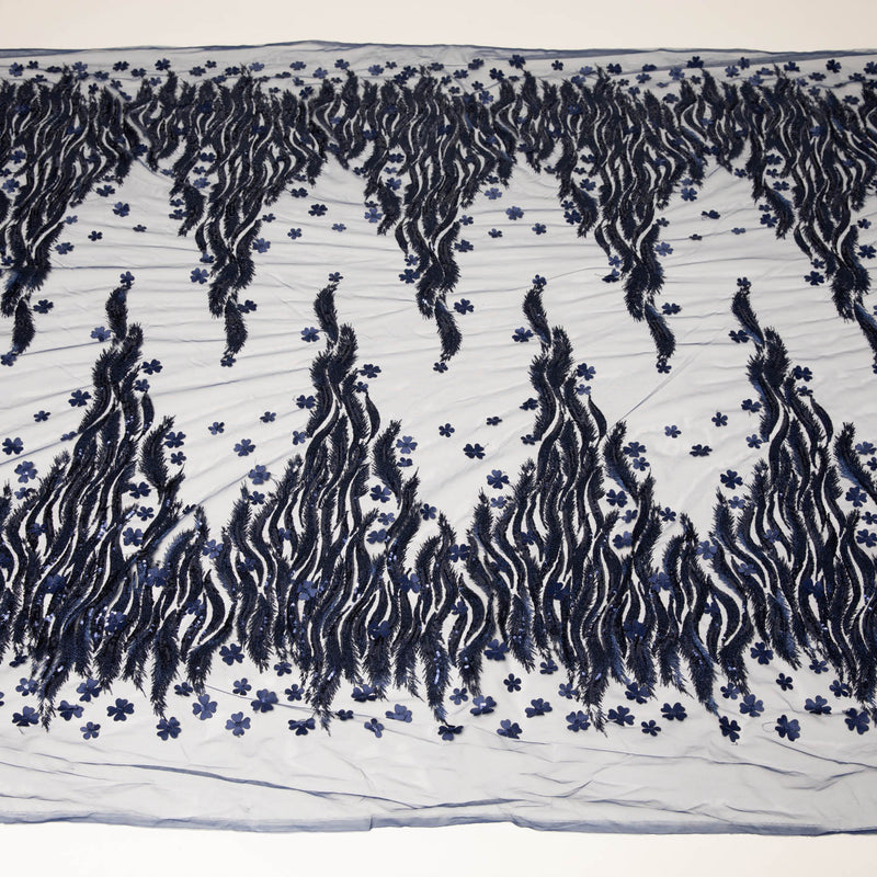 TULLE WITH METALLIC EMB & ACCESSORIES W/APPLIQUE 100% POLYESTER 50/ 52" NAVY - Exquisite Fabrics
