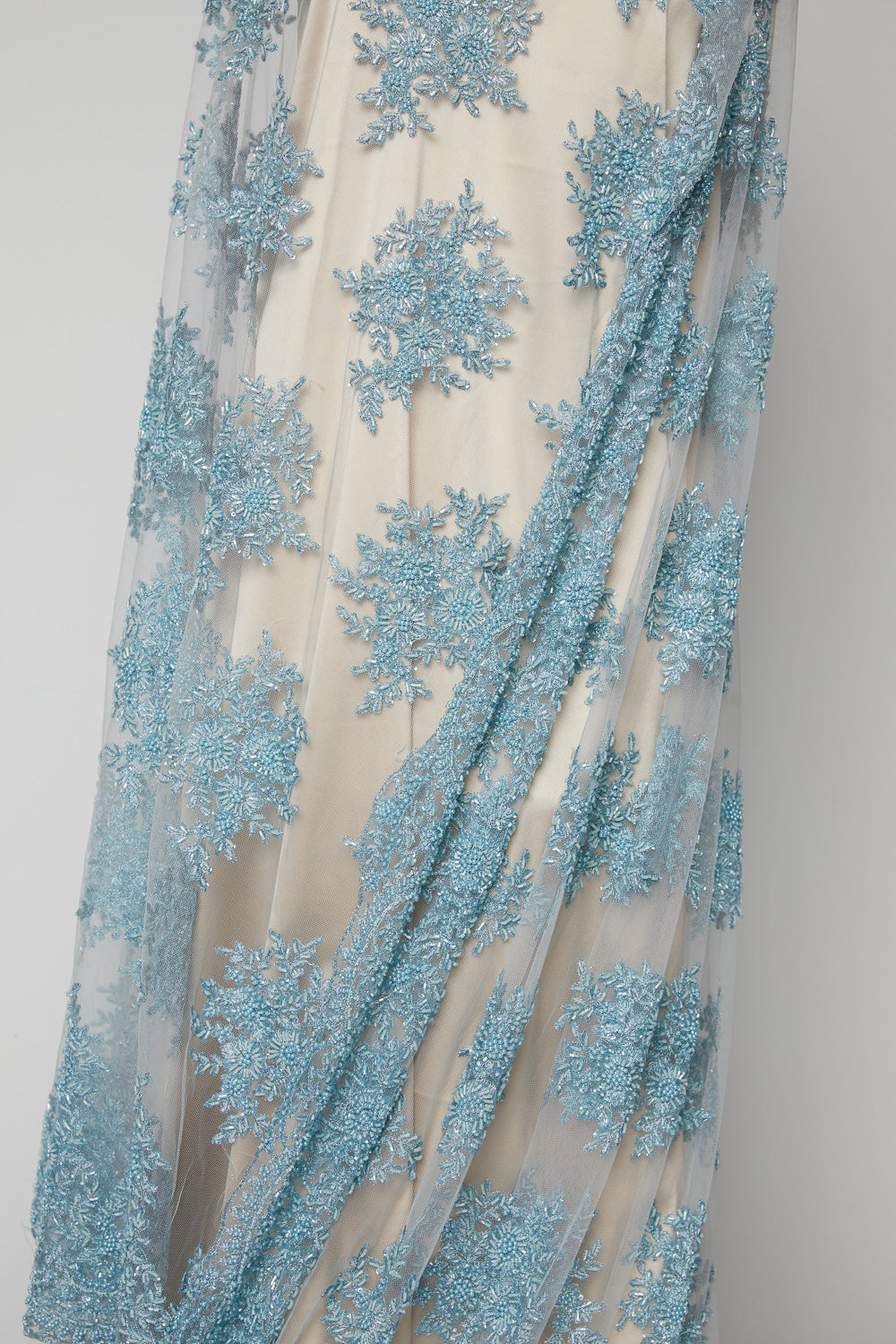 TULLE WITH METALLIC EMB WITH BEADS AND SEQ 100% POLYESTER 50/ 52" BABY BLUE - Exquisite Fabrics
