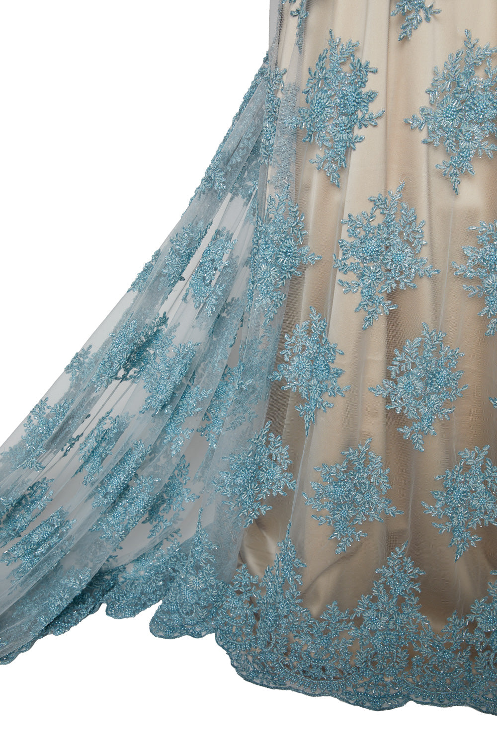 TULLE WITH METALLIC EMB WITH BEADS AND SEQ 100% POLYESTER 50/ 52" BABY BLUE - Exquisite Fabrics