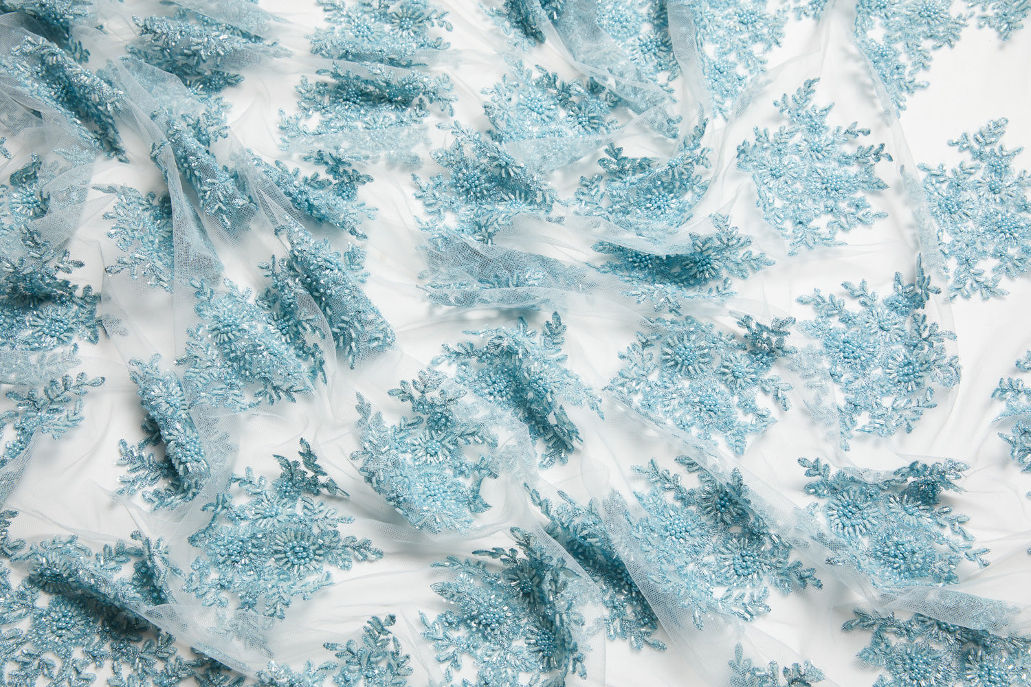 TULLE WITH METALLIC EMB WITH BEADS AND SEQ 100% POLYESTER 50/ 52" BABY BLUE - Exquisite Fabrics